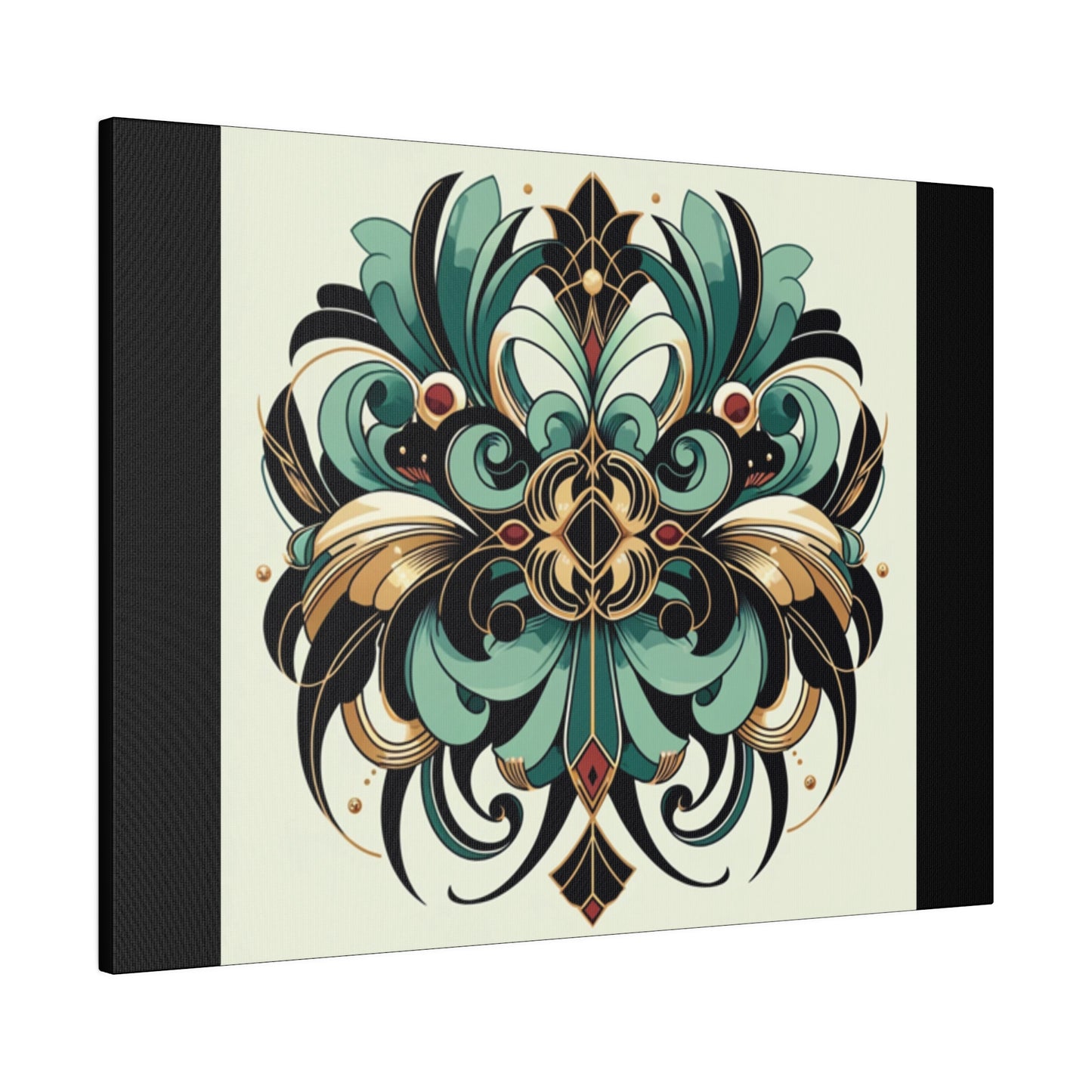Art mural Art déco à fleurs vertes, noires et dorées sur toile tendue noire