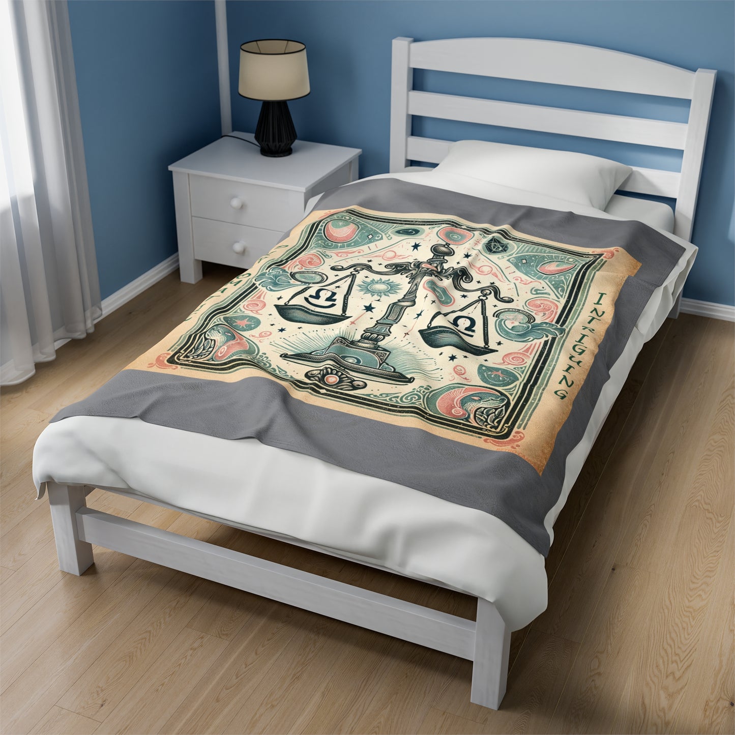 Couverture en peluche en velours gris avec motif vintage du zodiaque Balance