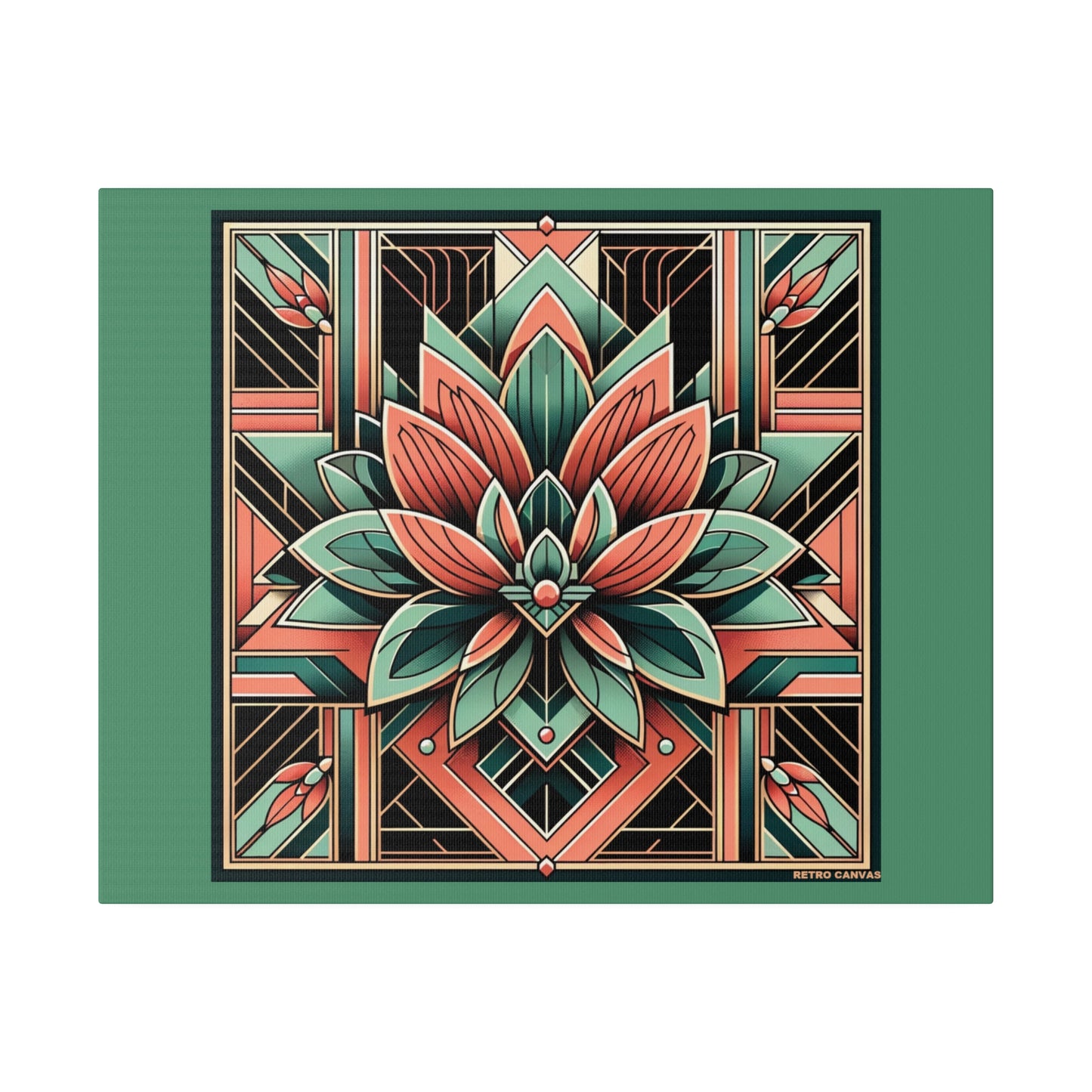 Lotus Art Deco Wall Art on Green Stretched Canvas