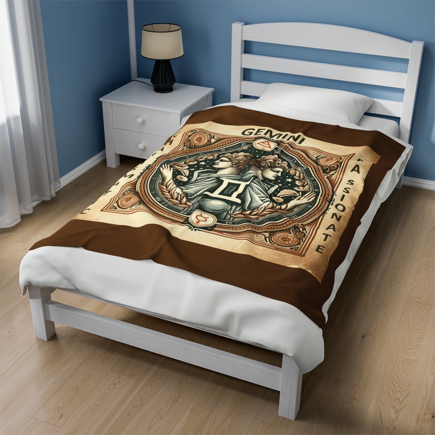 Couverture en peluche en velours marron avec motif vintage du zodiaque Gémeaux