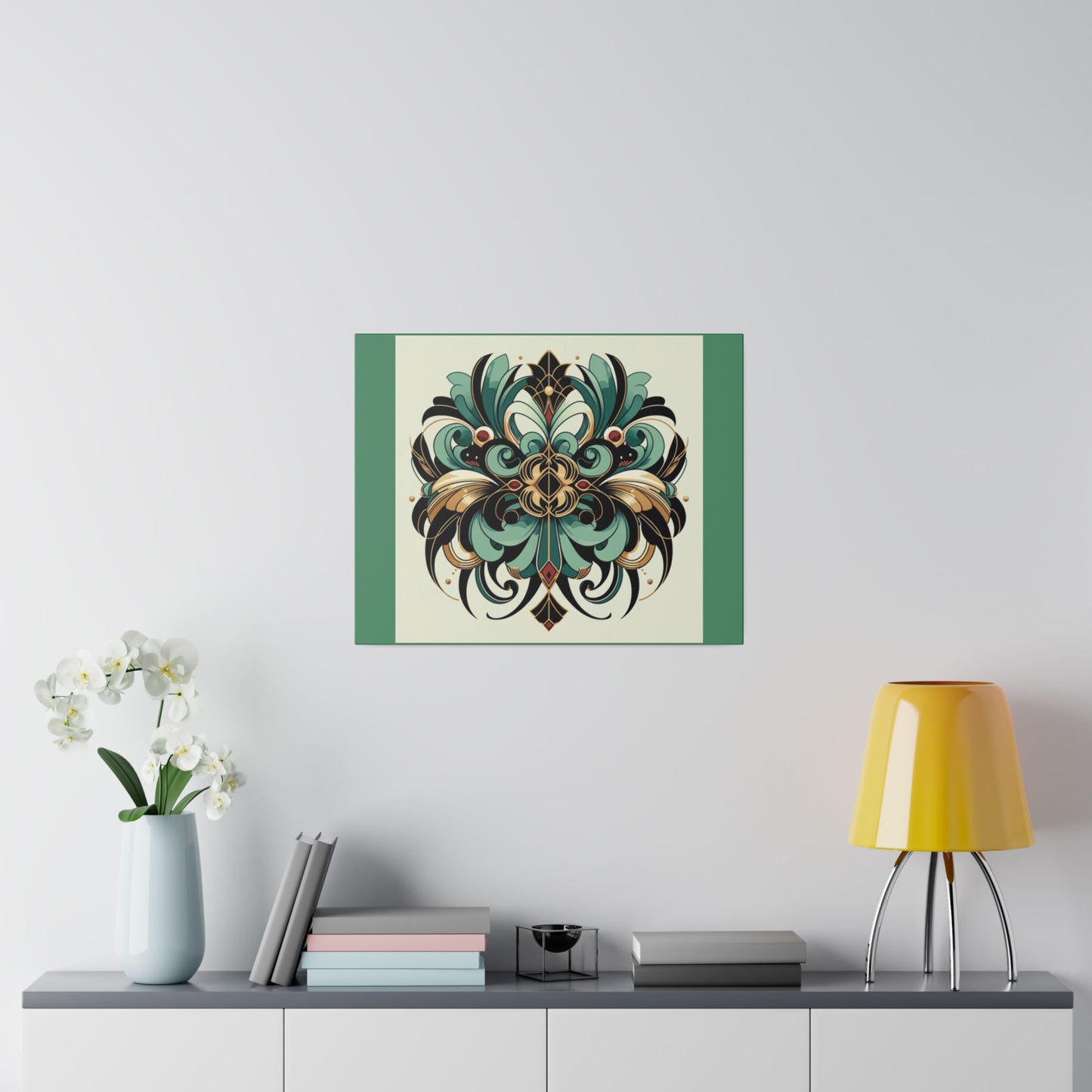 Art mural Art déco à fleurs vertes, noires et dorées sur toile tendue verte