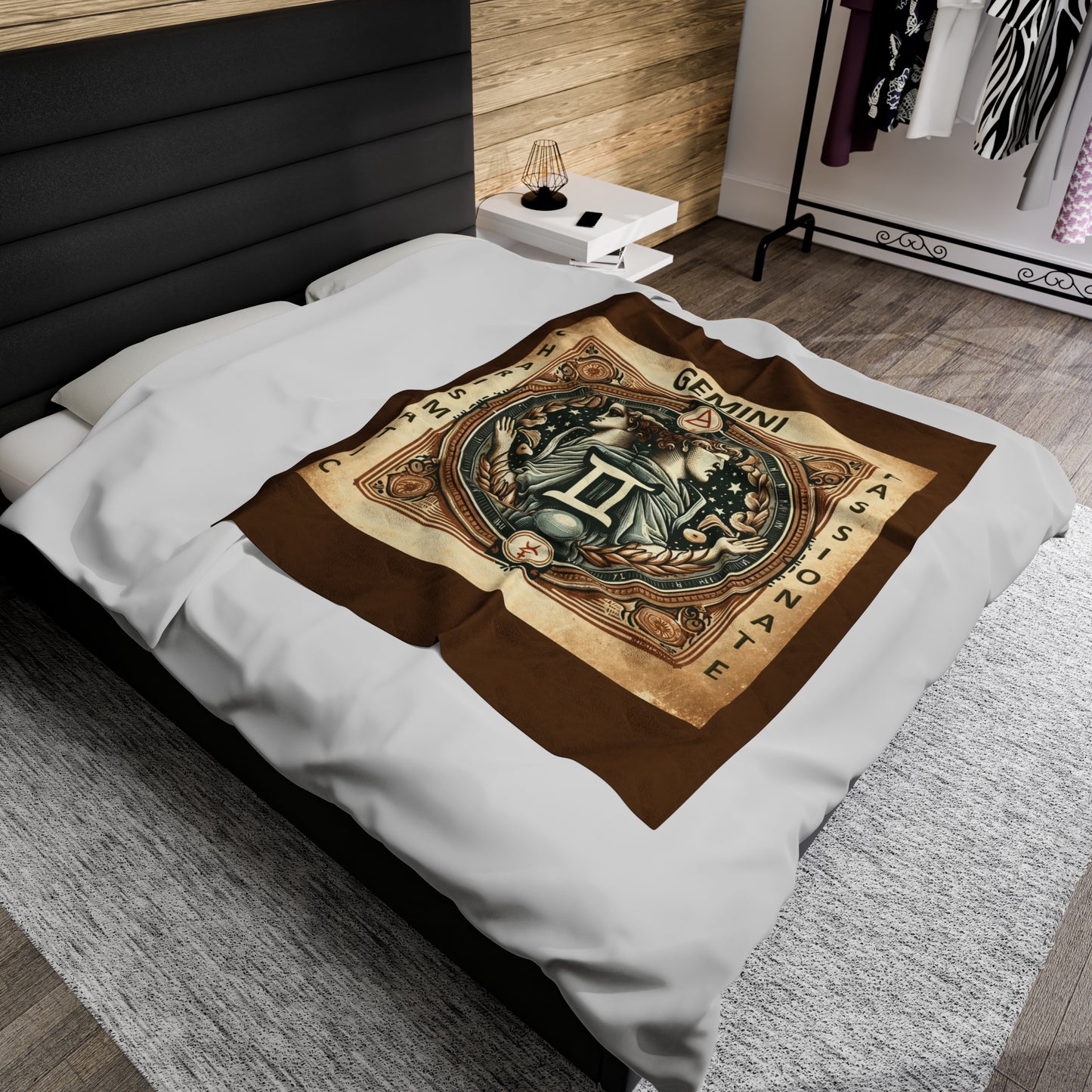 Couverture en peluche en velours marron avec motif vintage du zodiaque Gémeaux