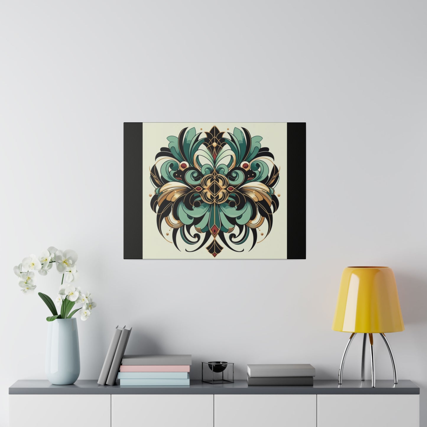 Art mural Art déco à fleurs vertes, noires et dorées sur toile tendue noire