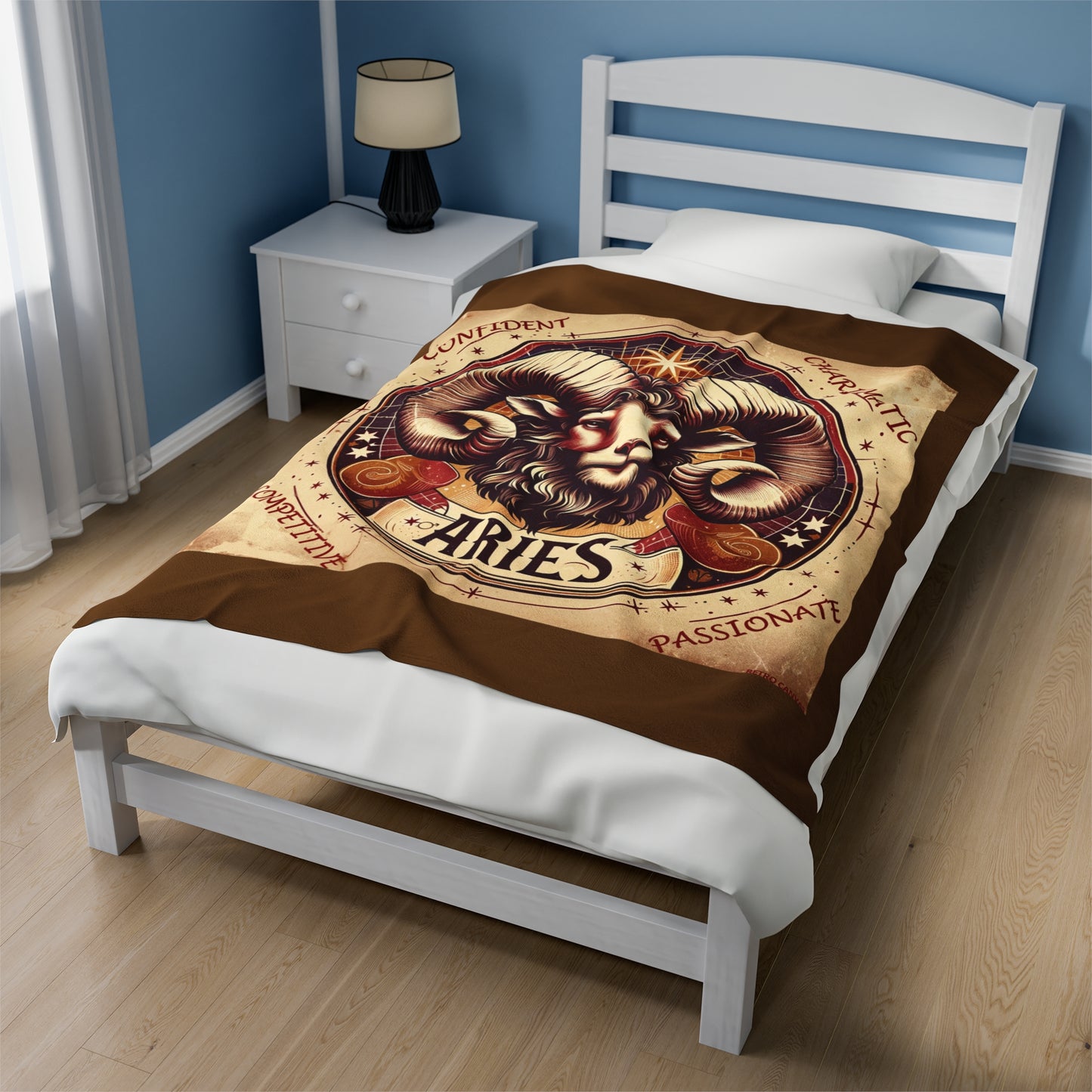 Couverture en peluche en velours marron avec motif du zodiaque Bélier vintage
