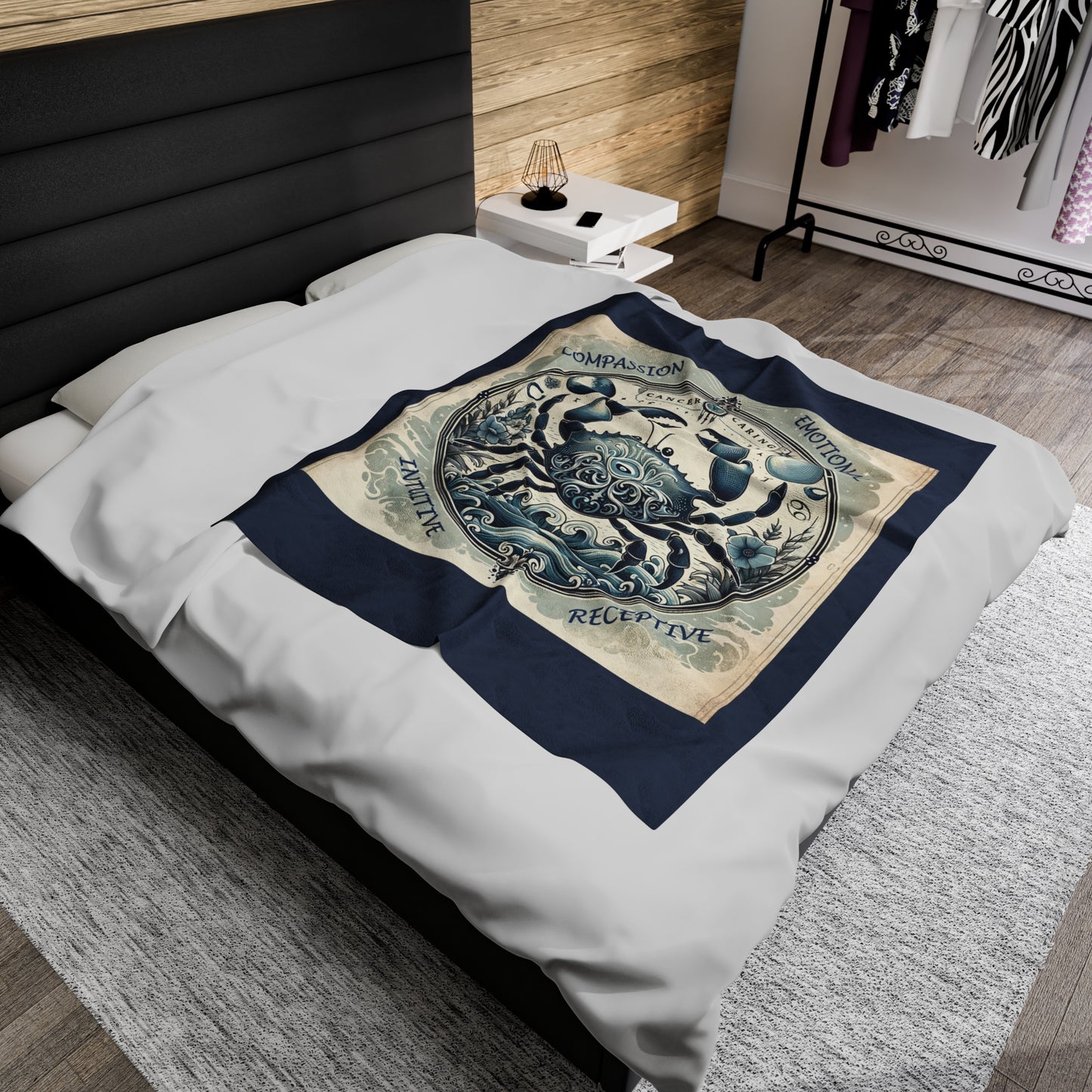 Couverture en peluche en velours bleu vintage avec signe astrologique du Cancer