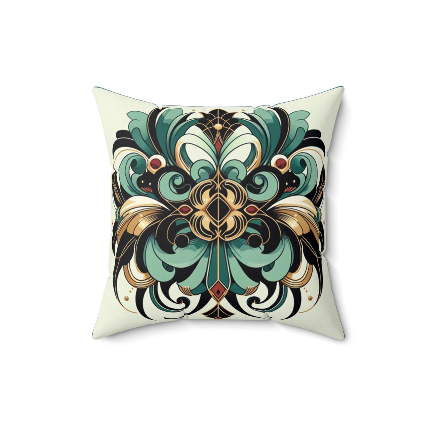 Coussin en tissu à fleurs, vert, doré, noir et vert vintage
