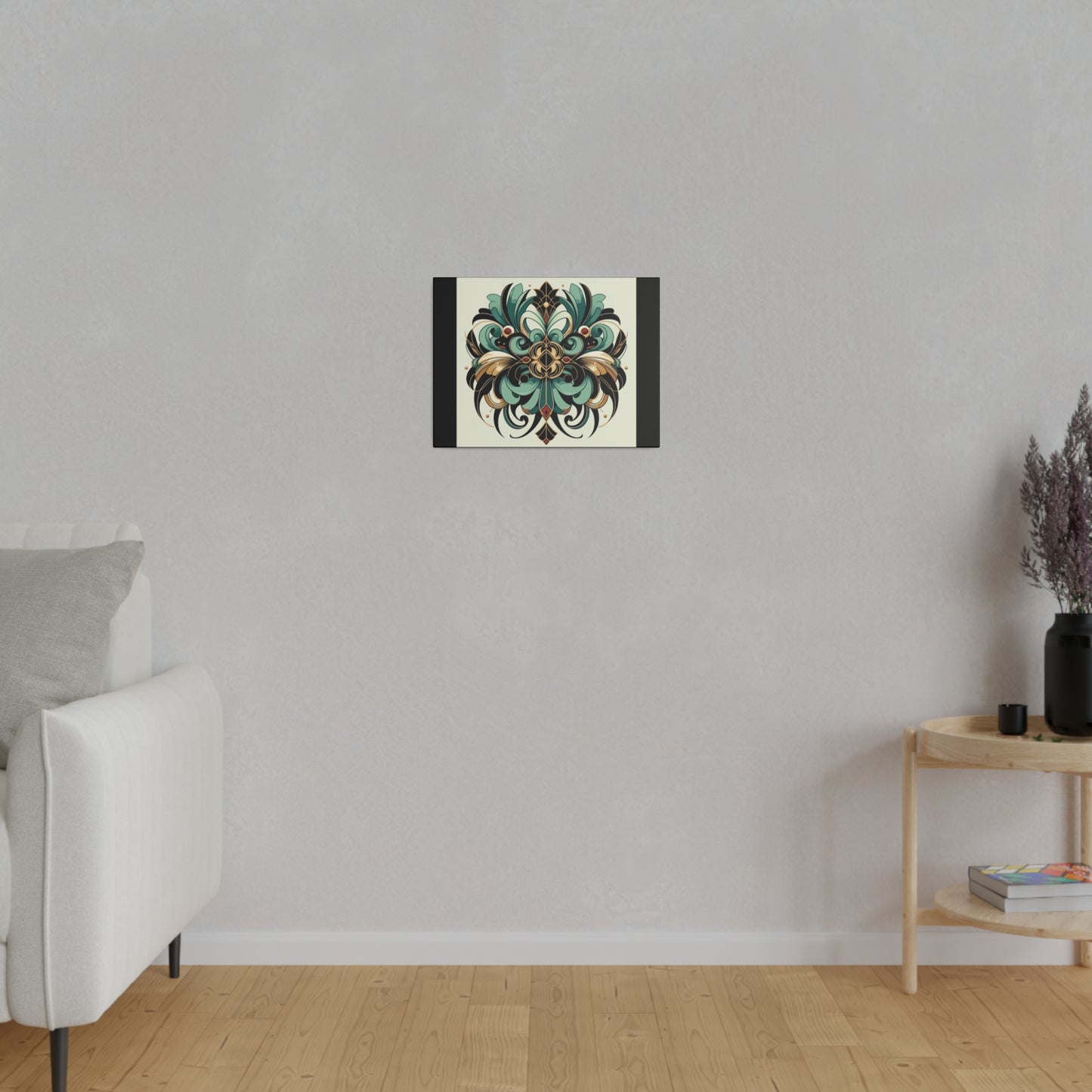 Art mural Art déco à fleurs vertes, noires et dorées sur toile tendue noire