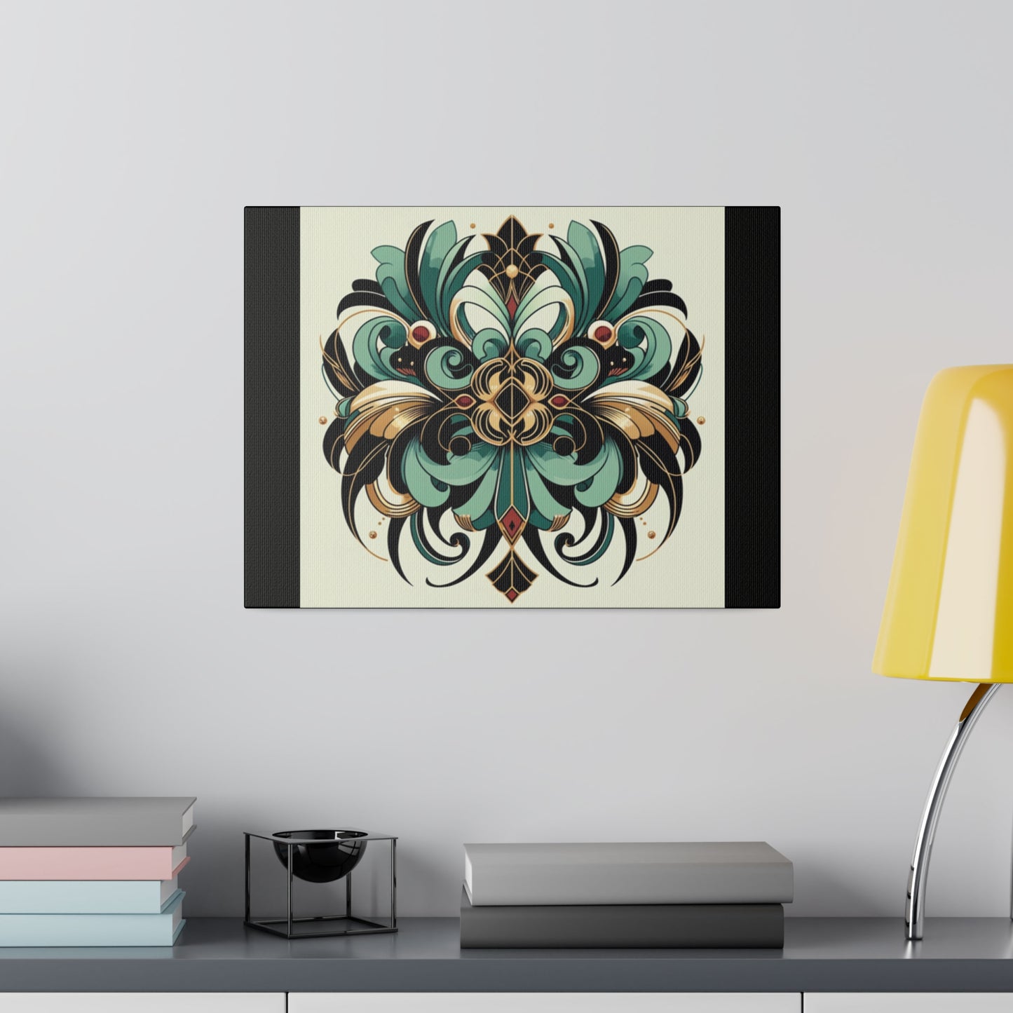 Art mural Art déco à fleurs vertes, noires et dorées sur toile tendue noire