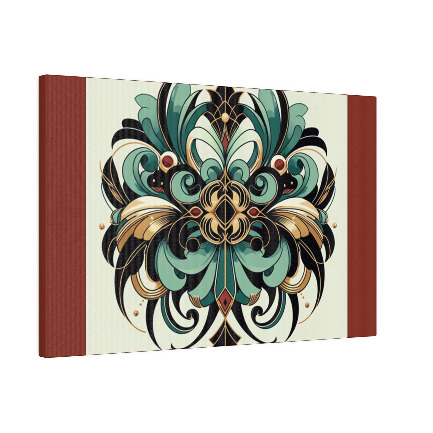 Art mural Art déco à fleurs vertes, noires et dorées sur toile tendue couleur terre d'ombre brûlée
