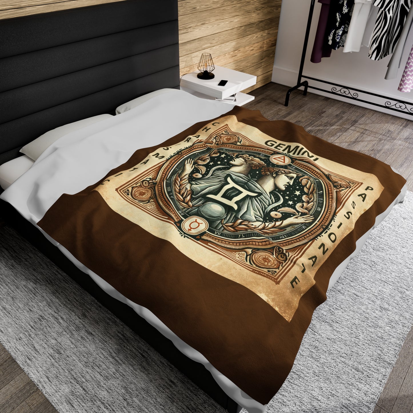 Couverture en peluche en velours marron avec motif vintage du zodiaque Gémeaux