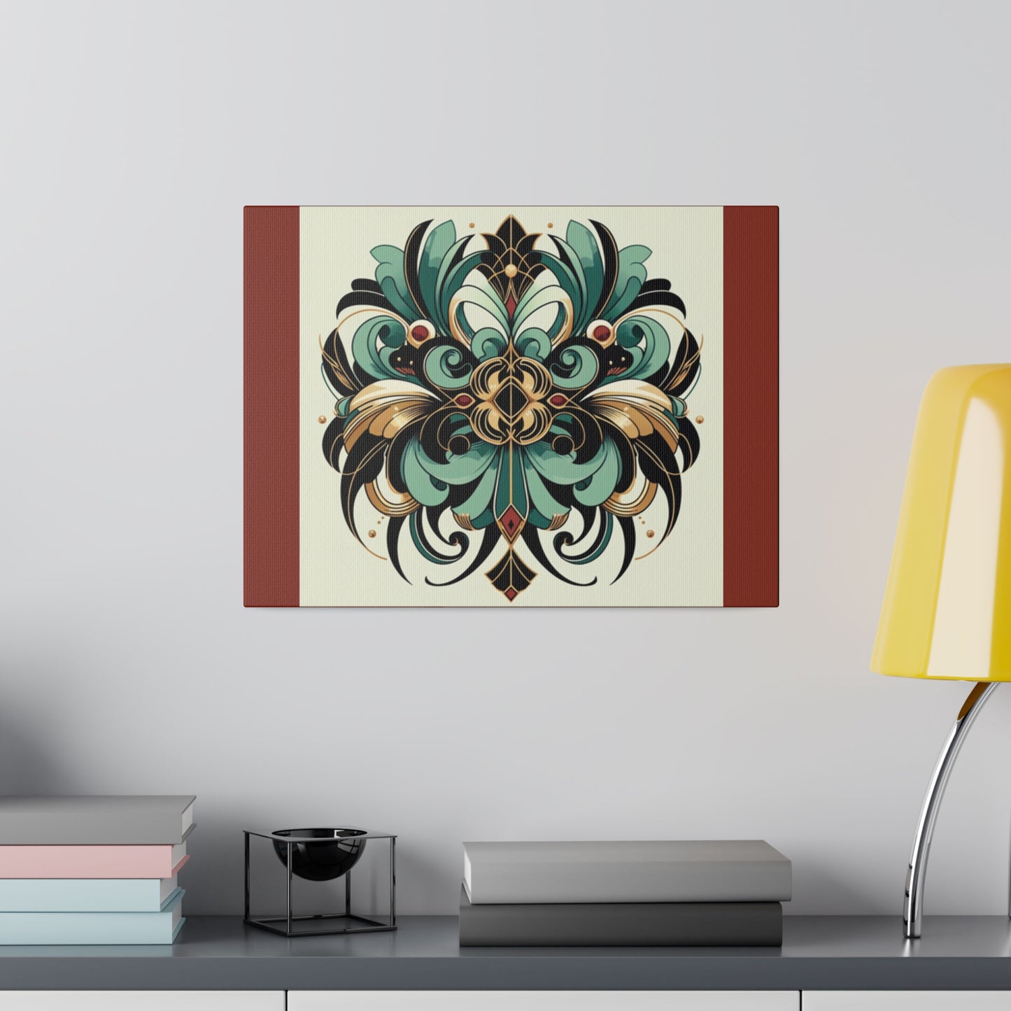 Art mural Art déco à fleurs vertes, noires et dorées sur toile tendue couleur terre d'ombre brûlée