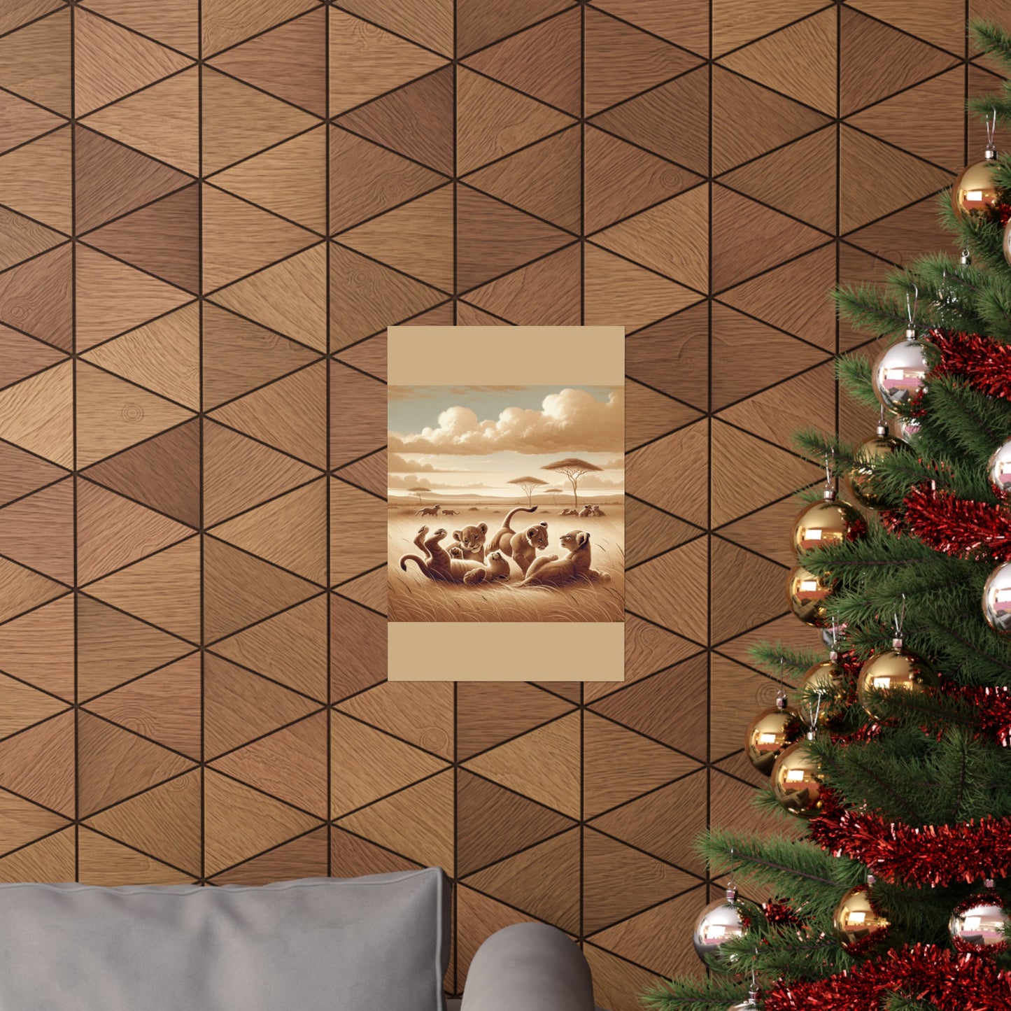 Décoration murale représentant un lionceau espiègle pour chambre d'enfant - Affiche mate beige