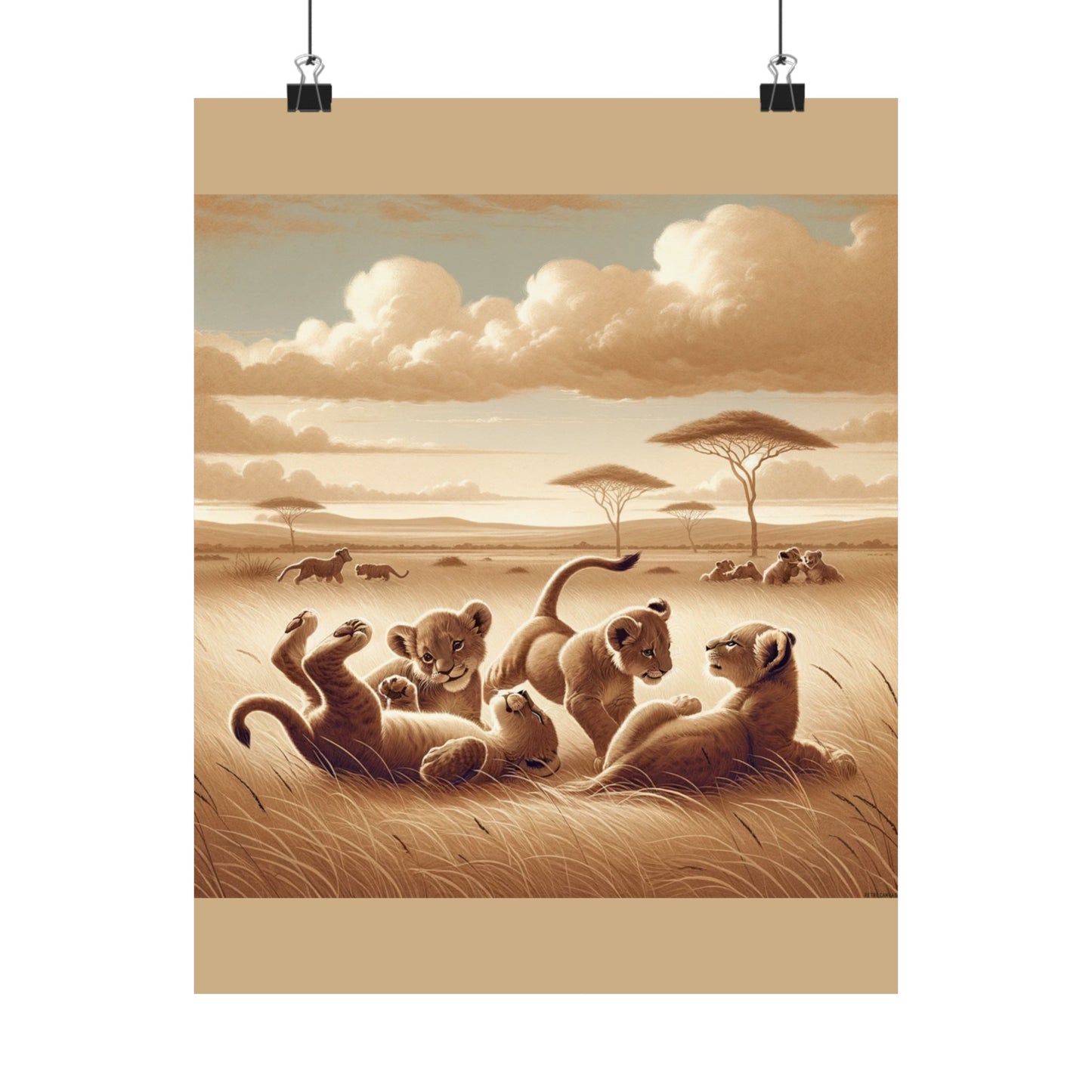 Décoration murale représentant un lionceau espiègle pour chambre d'enfant - Affiche mate beige