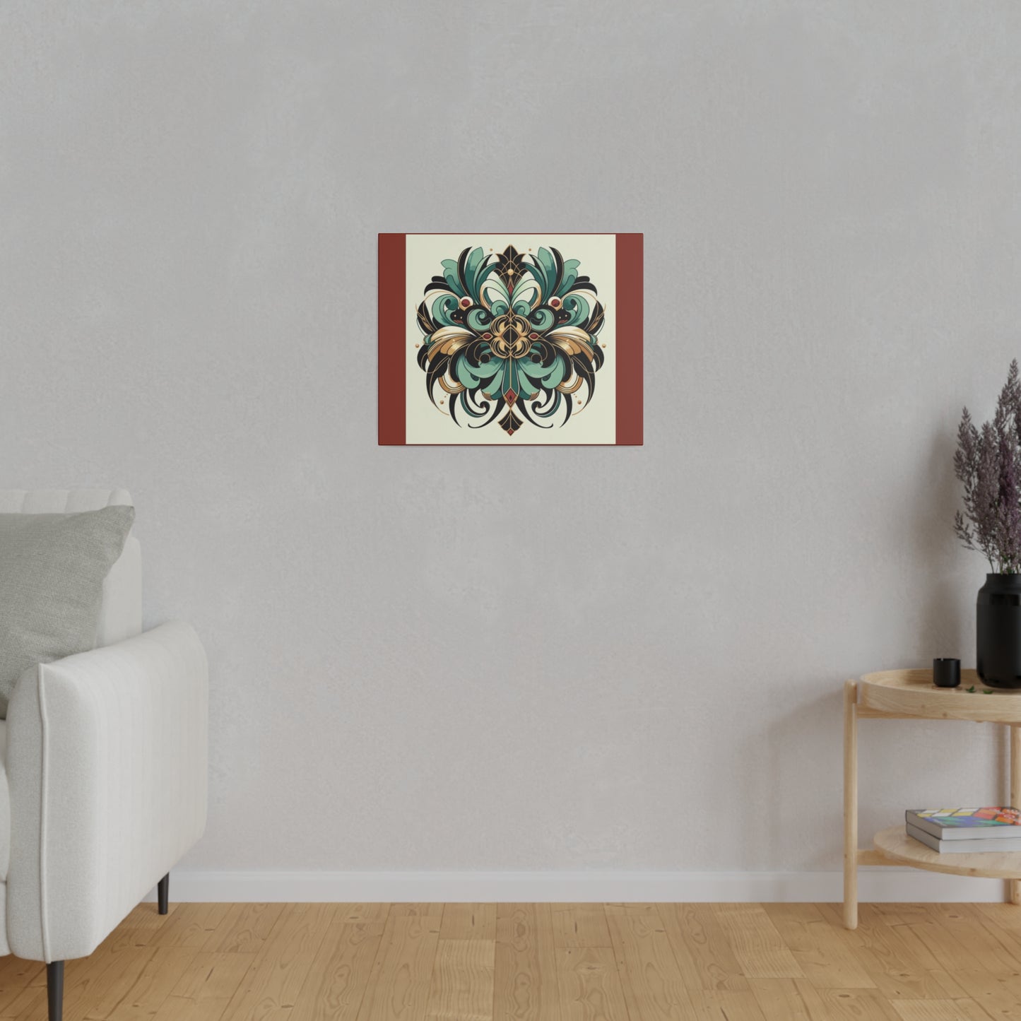 Art mural Art déco à fleurs vertes, noires et dorées sur toile tendue couleur terre d'ombre brûlée
