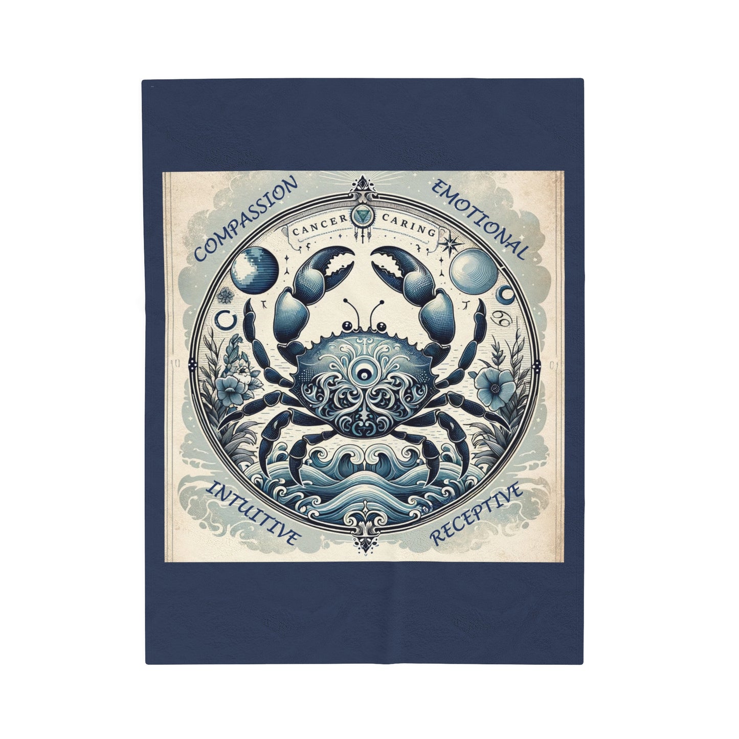 Couverture en peluche en velours bleu vintage avec signe astrologique du Cancer
