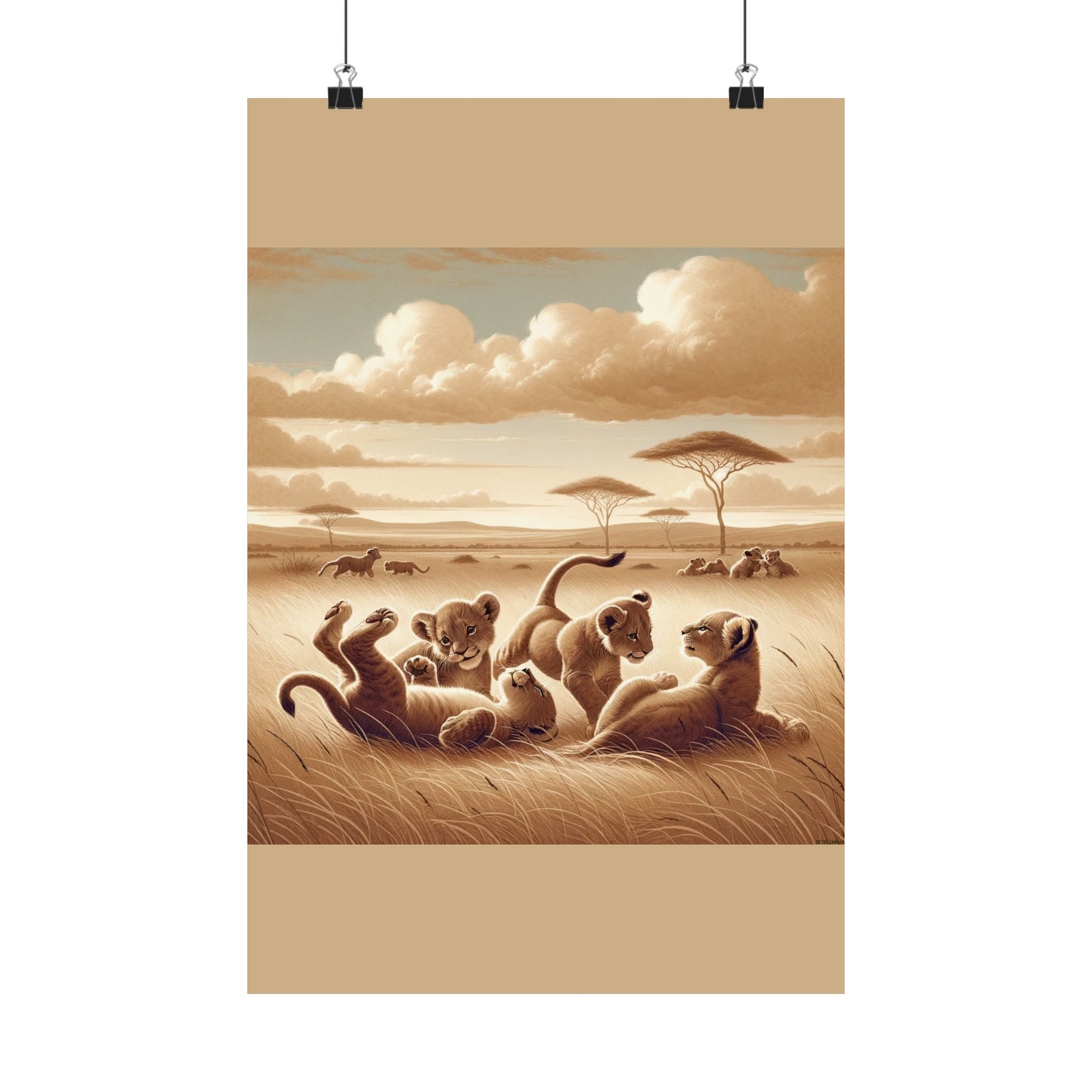Décoration murale représentant un lionceau espiègle pour chambre d'enfant - Affiche mate beige