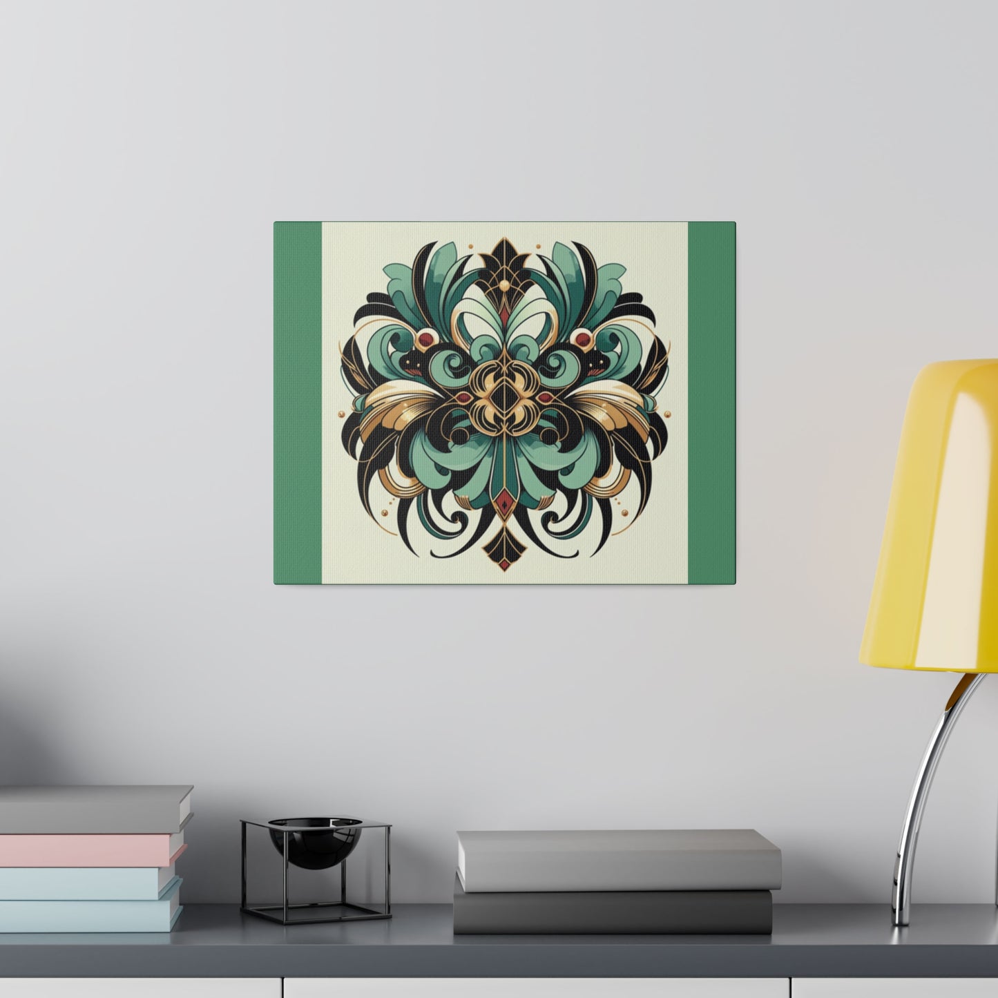 Art mural Art déco à fleurs vertes, noires et dorées sur toile tendue verte