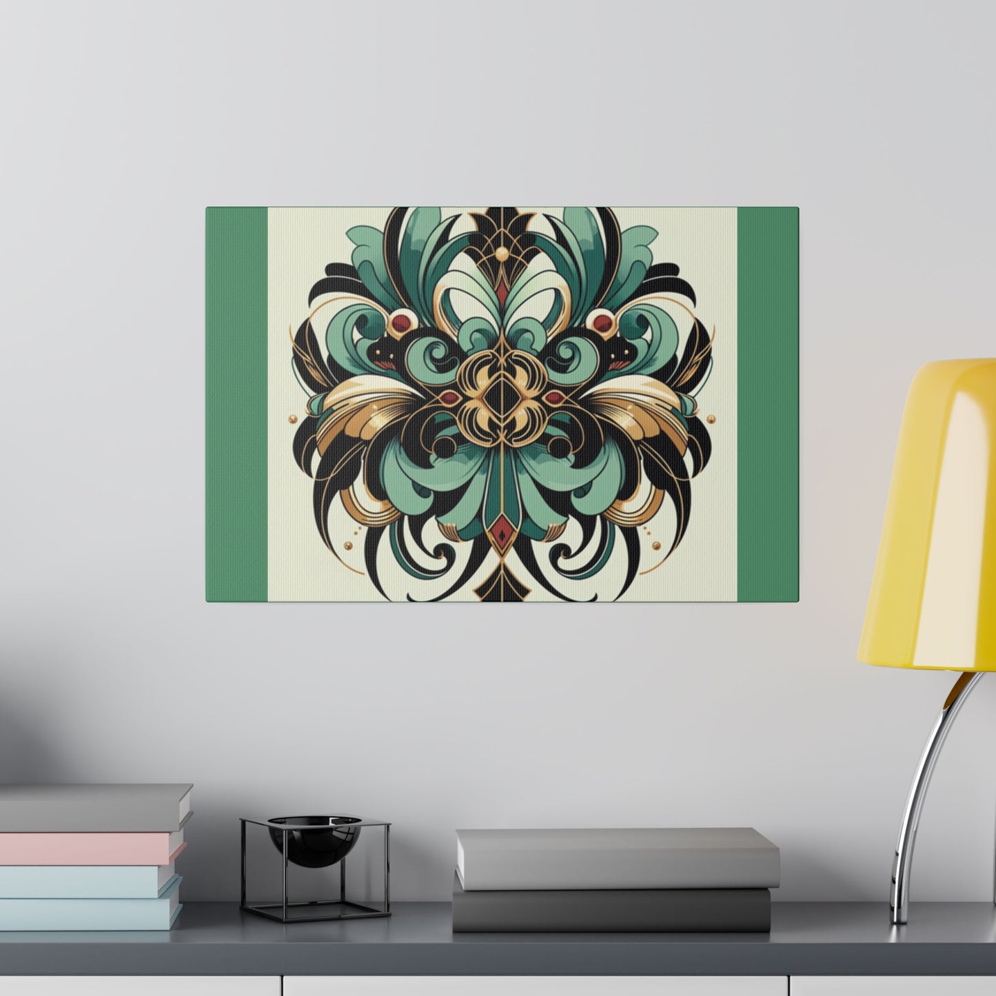Art mural Art déco à fleurs vertes, noires et dorées sur toile tendue verte