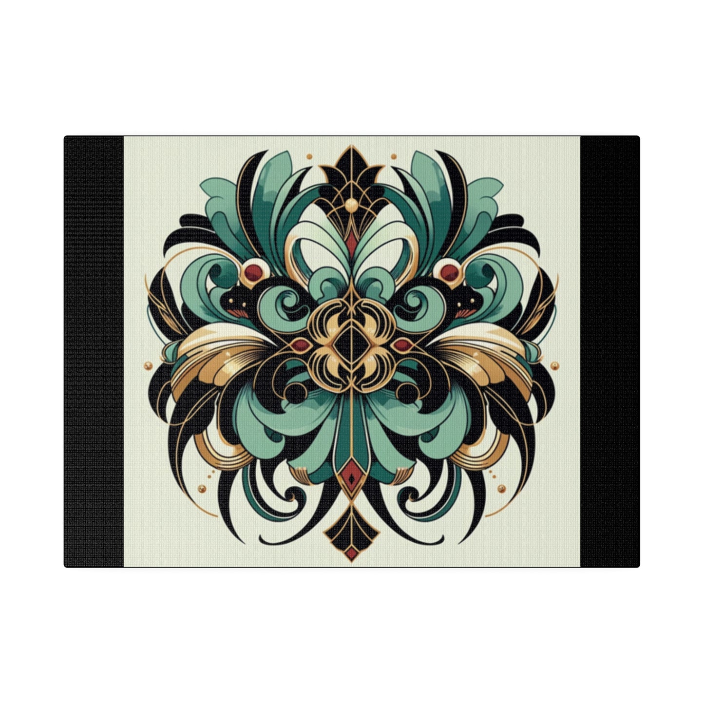Art mural Art déco à fleurs vertes, noires et dorées sur toile tendue noire