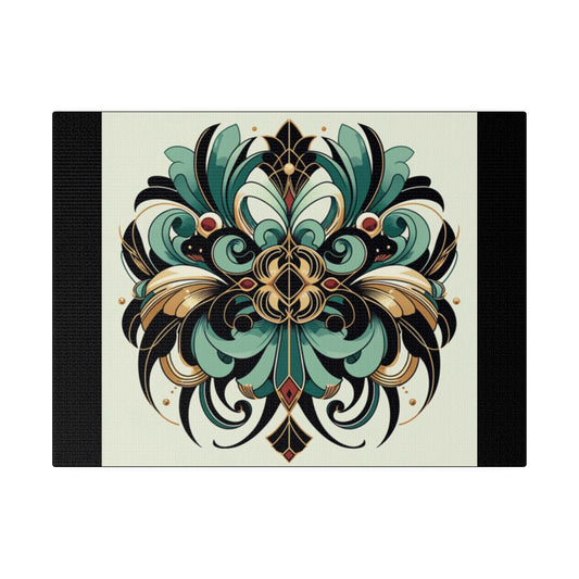 Art mural Art déco à fleurs vertes, noires et dorées sur toile tendue noire