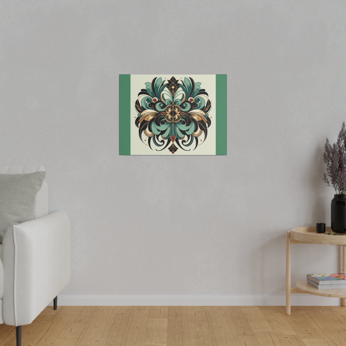 Art mural Art déco à fleurs vertes, noires et dorées sur toile tendue verte
