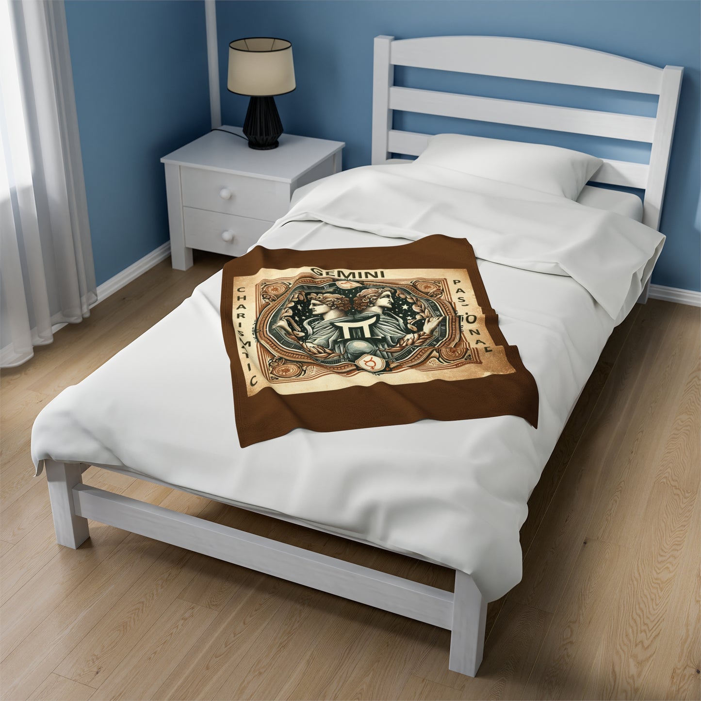 Couverture en peluche en velours marron avec motif vintage du zodiaque Gémeaux