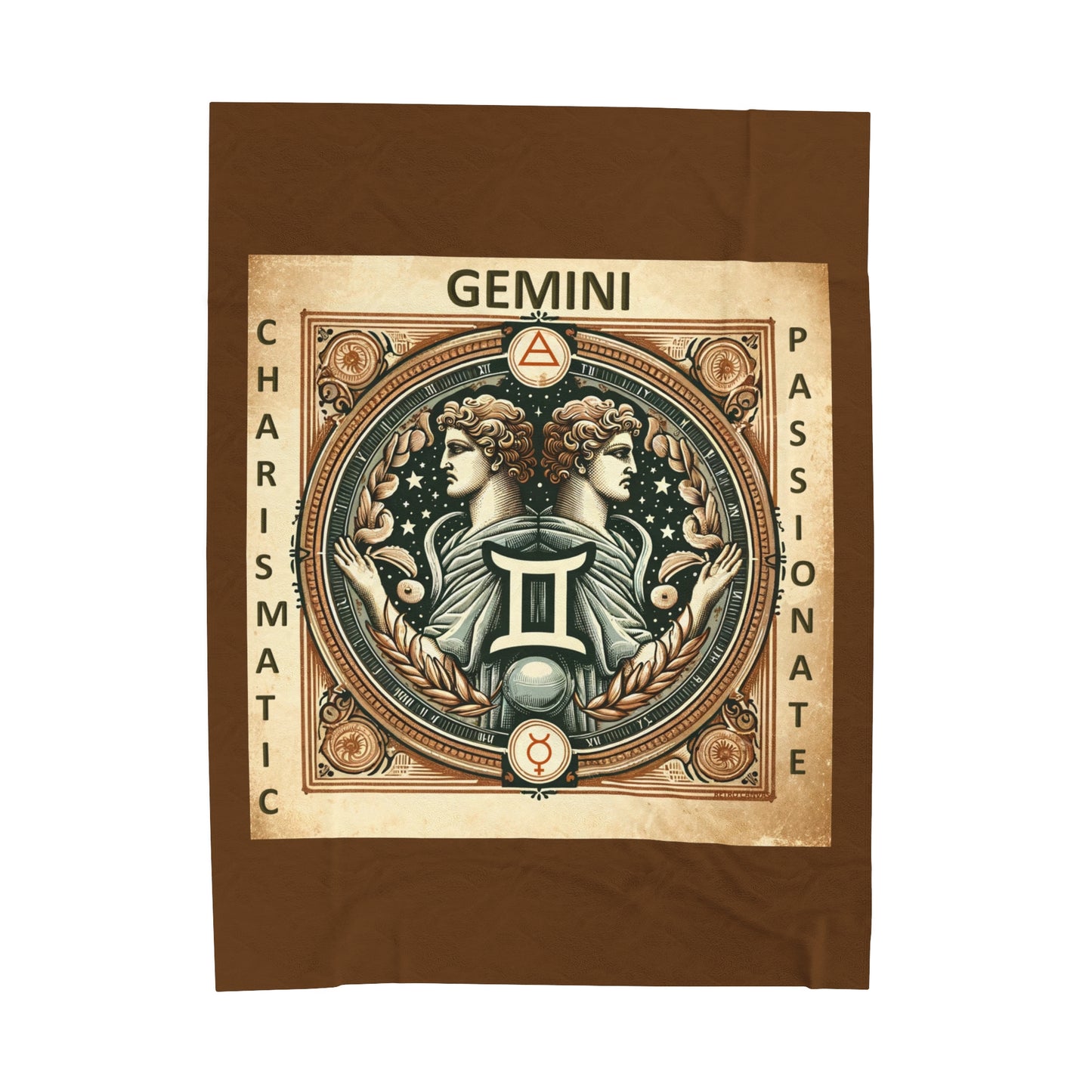 Couverture en peluche en velours marron avec motif vintage du zodiaque Gémeaux