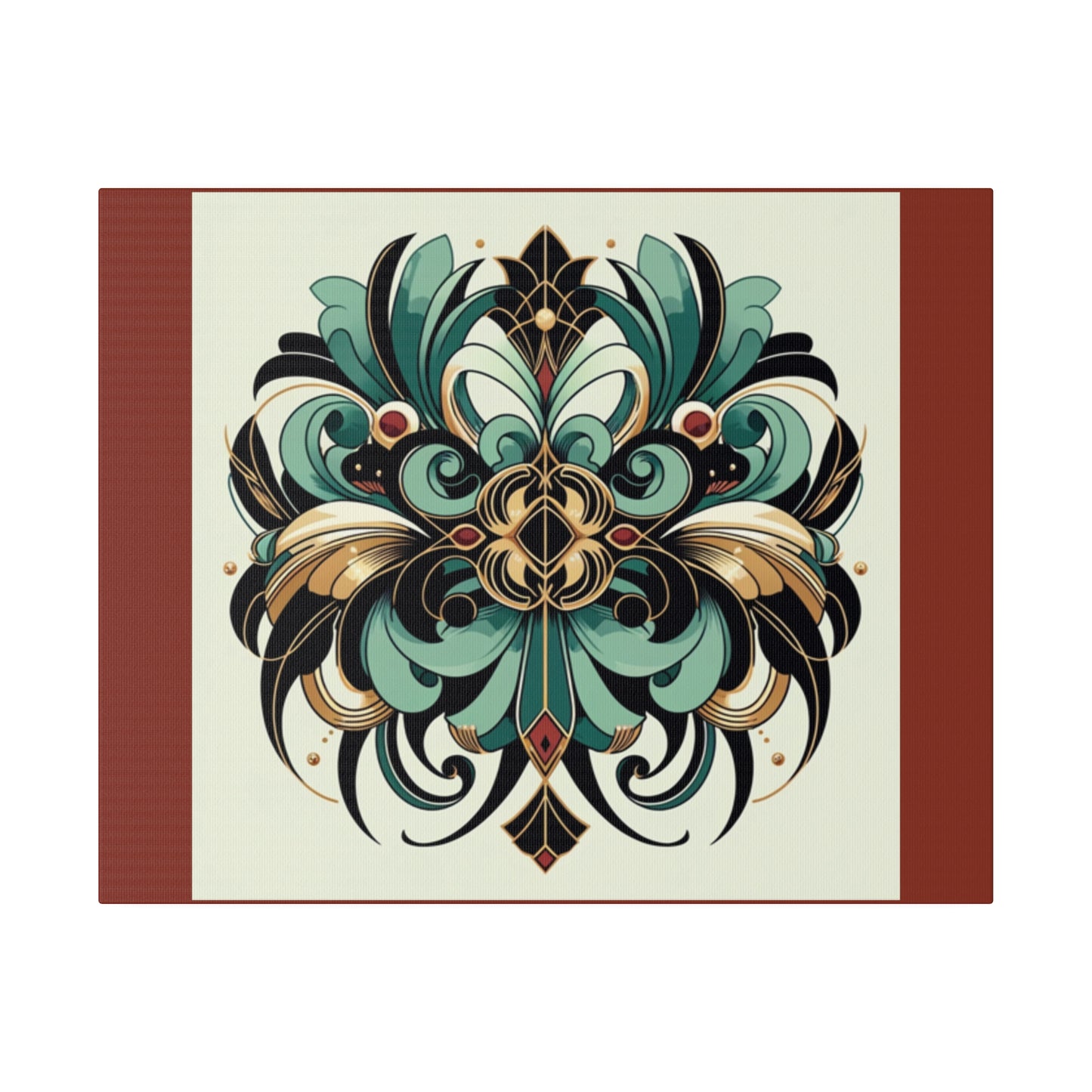 Art mural Art déco à fleurs vertes, noires et dorées sur toile tendue couleur terre d'ombre brûlée