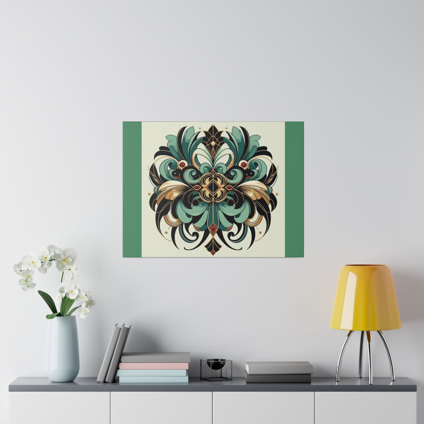 Art mural Art déco à fleurs vertes, noires et dorées sur toile tendue verte