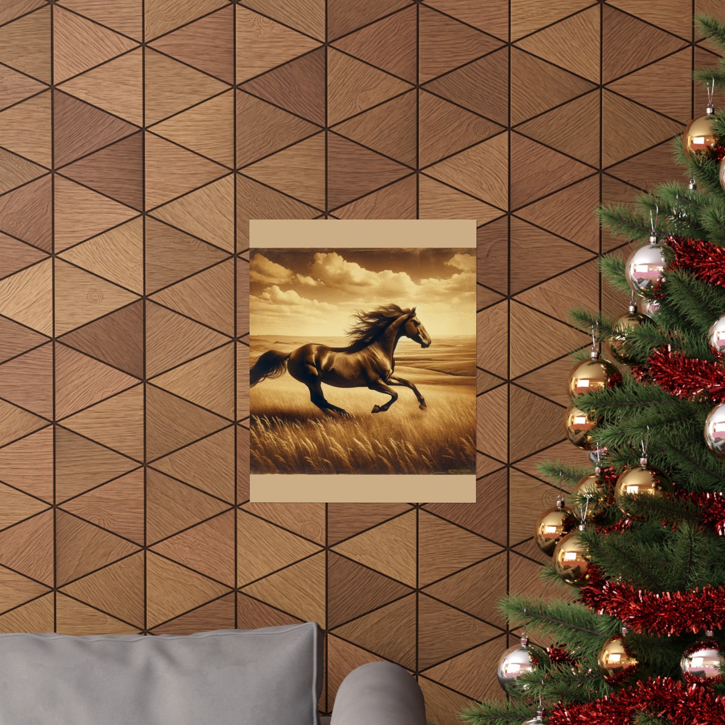 Décoration murale représentant un cheval courant pour chambre d'enfant - Affiche mate beige