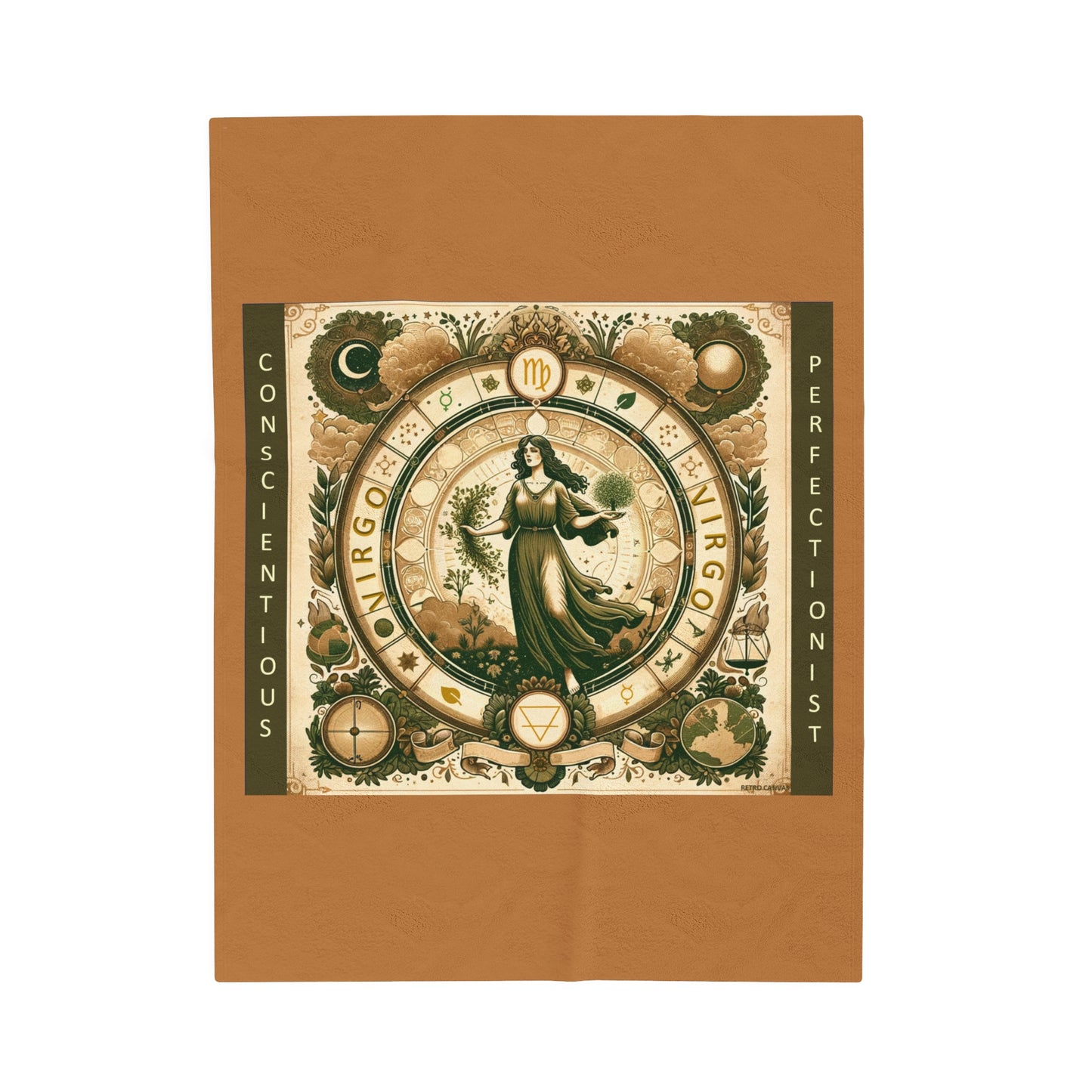 Couverture en peluche en velours marron clair avec motif vintage du zodiaque Vierge
