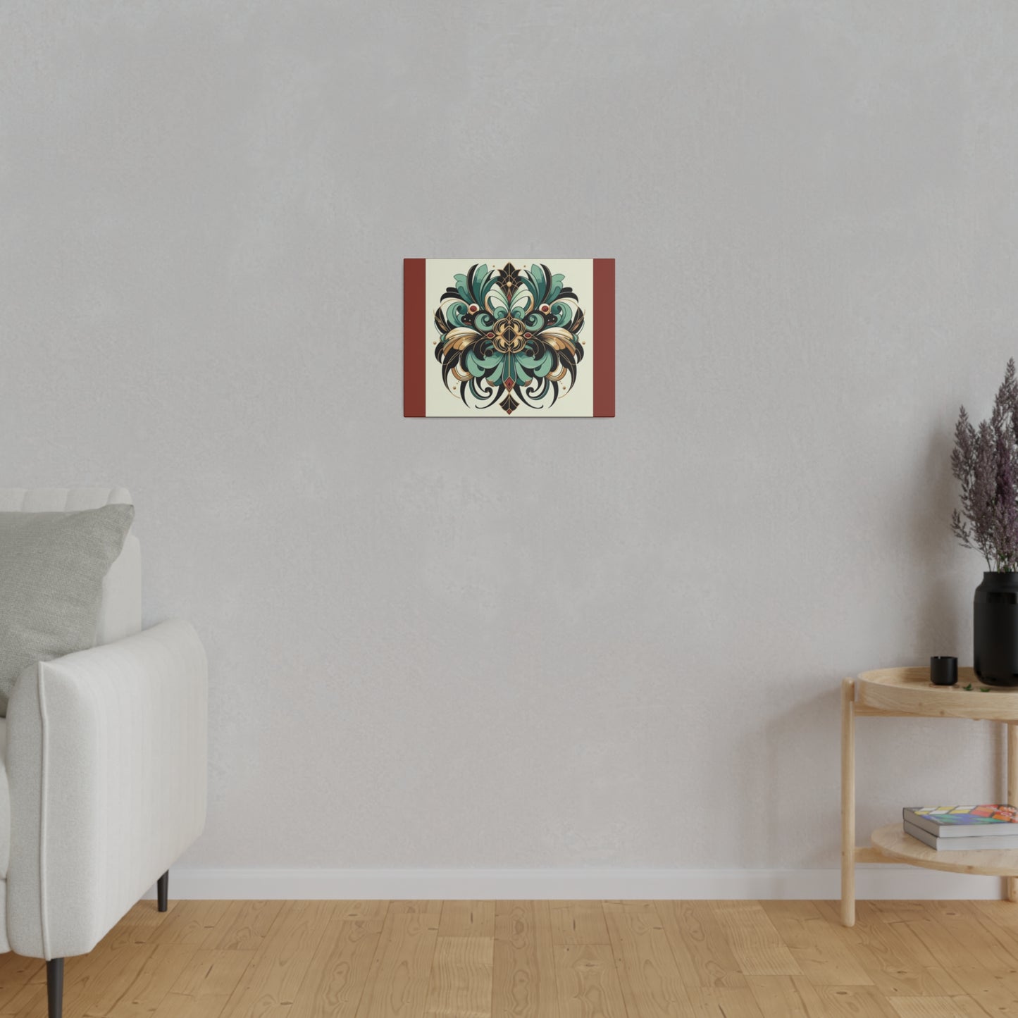 Art mural Art déco à fleurs vertes, noires et dorées sur toile tendue couleur terre d'ombre brûlée