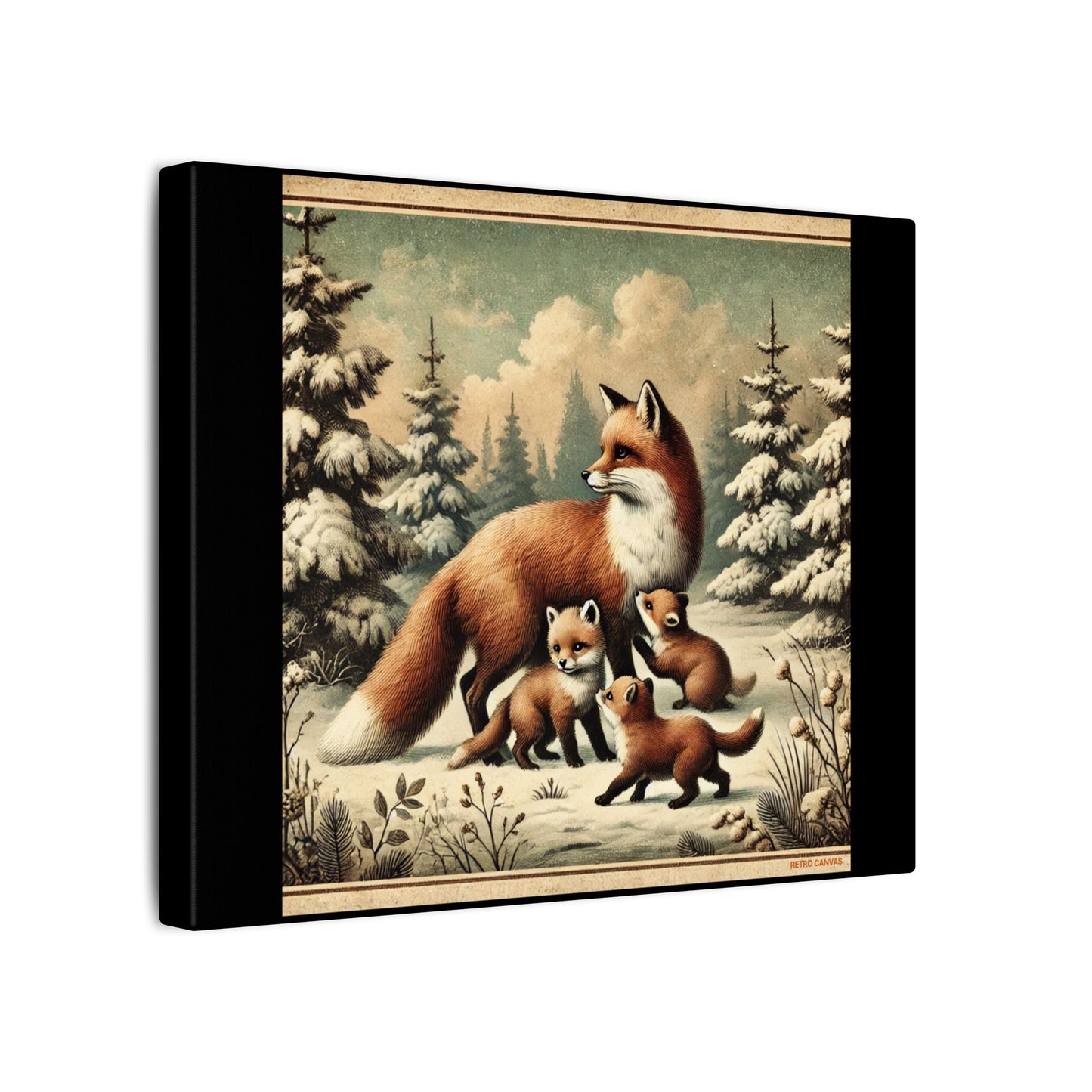 Winter Fox Family Theme- Black Canvas, Animal Wall Art, Nursery Idea