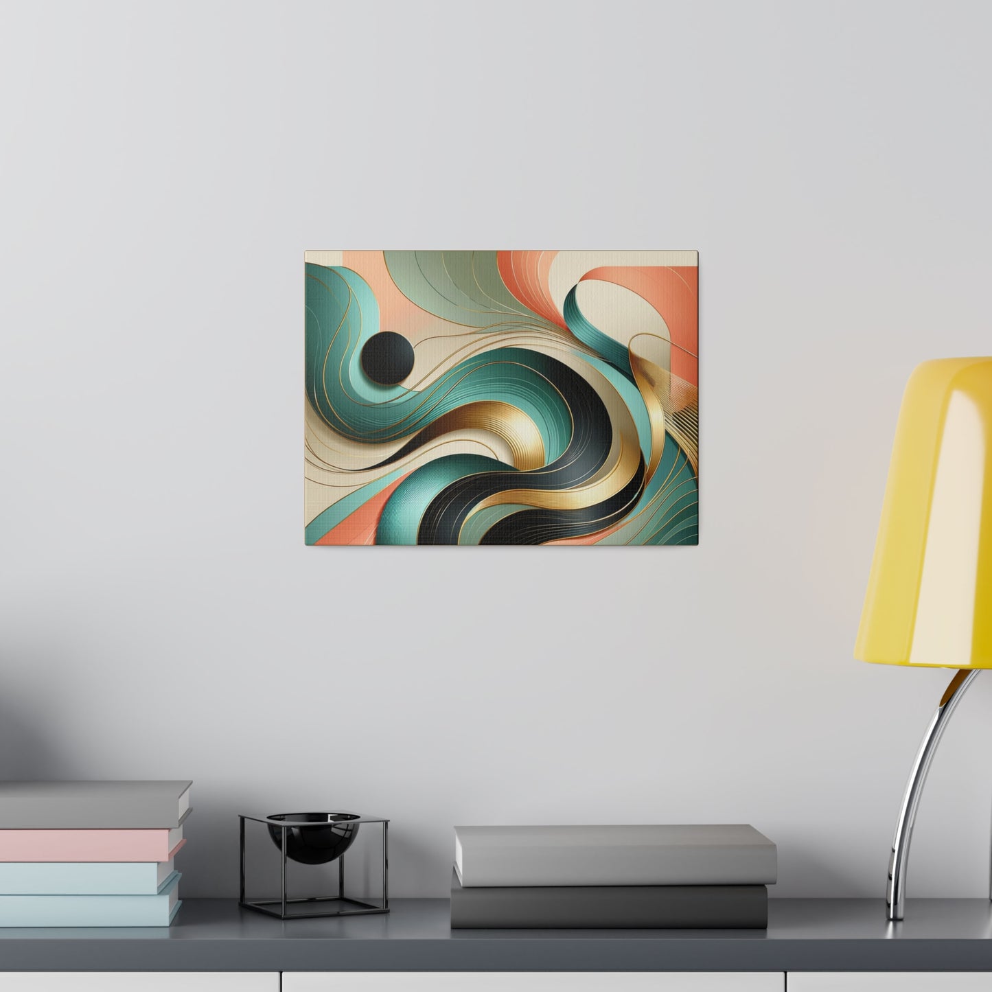 Swirl Black Salmon Gold Abstract Wall Art for Office Home Décor for Living Room Retro Themed Art on Tan Canvas