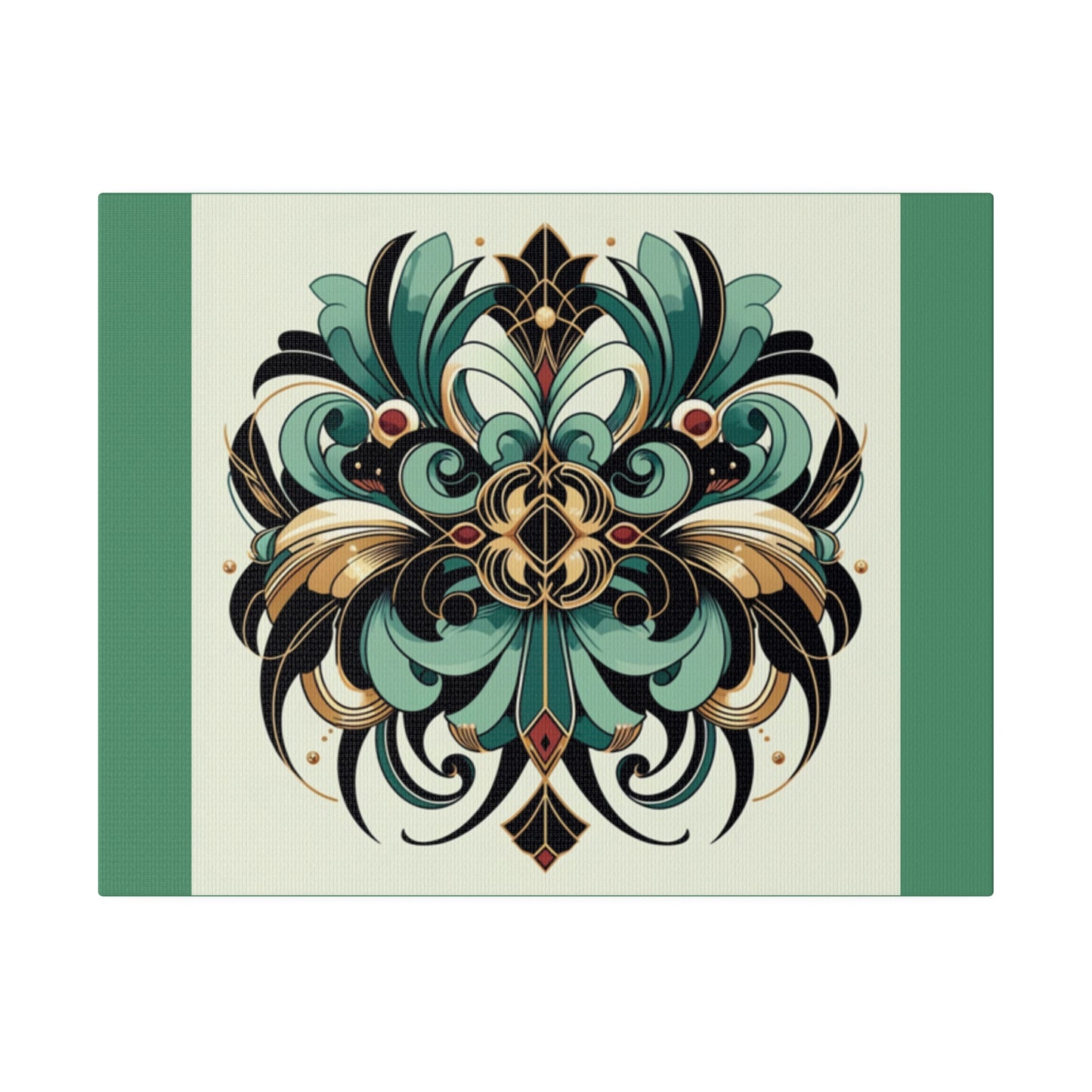 Green Black Gold Flower Art Deco Wall Art on Green Stretched Canvas