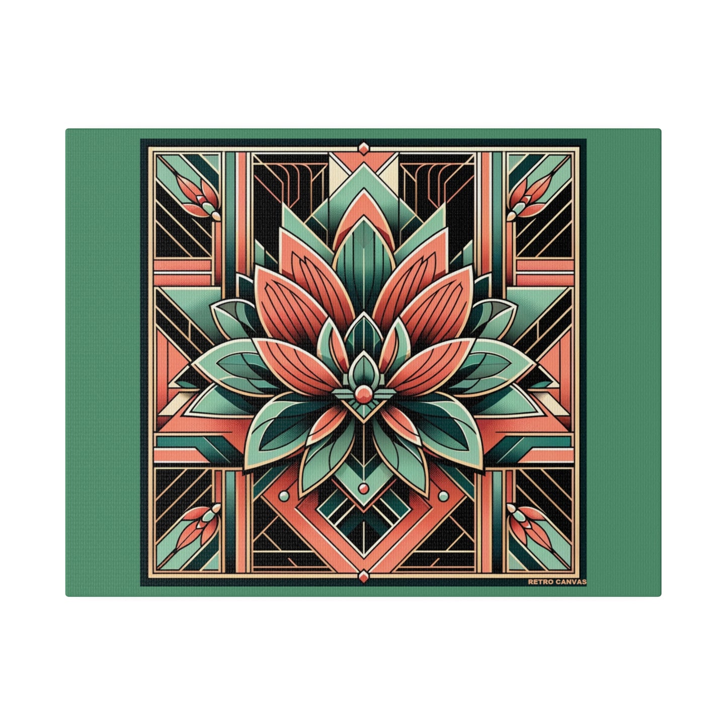 Lotus Art Deco Wall Art on Green Stretched Canvas