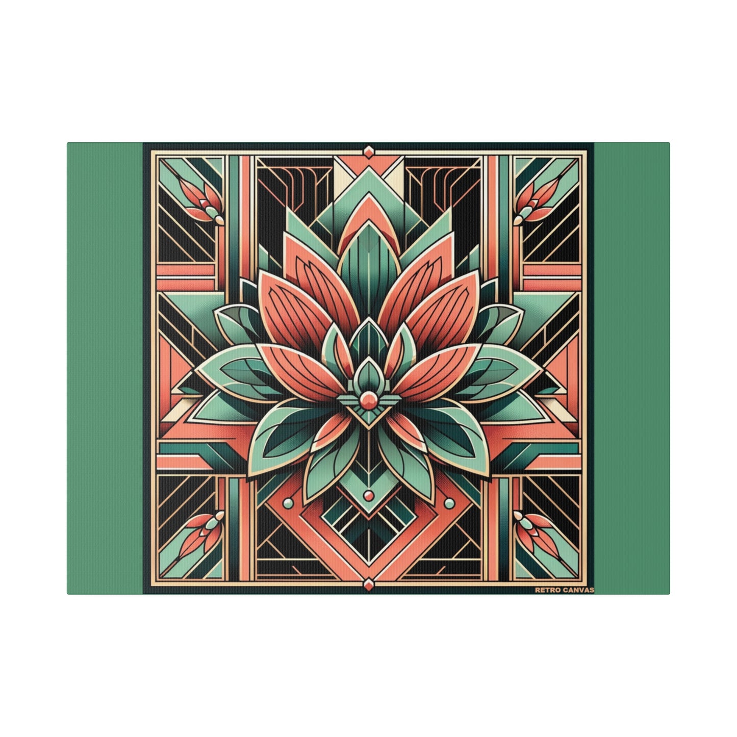 Lotus Art Deco Wall Art on Green Stretched Canvas