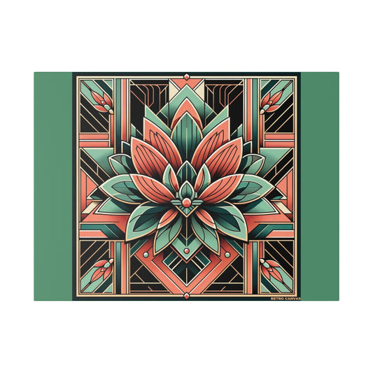 Lotus Art Deco Wall Art on Green Stretched Canvas