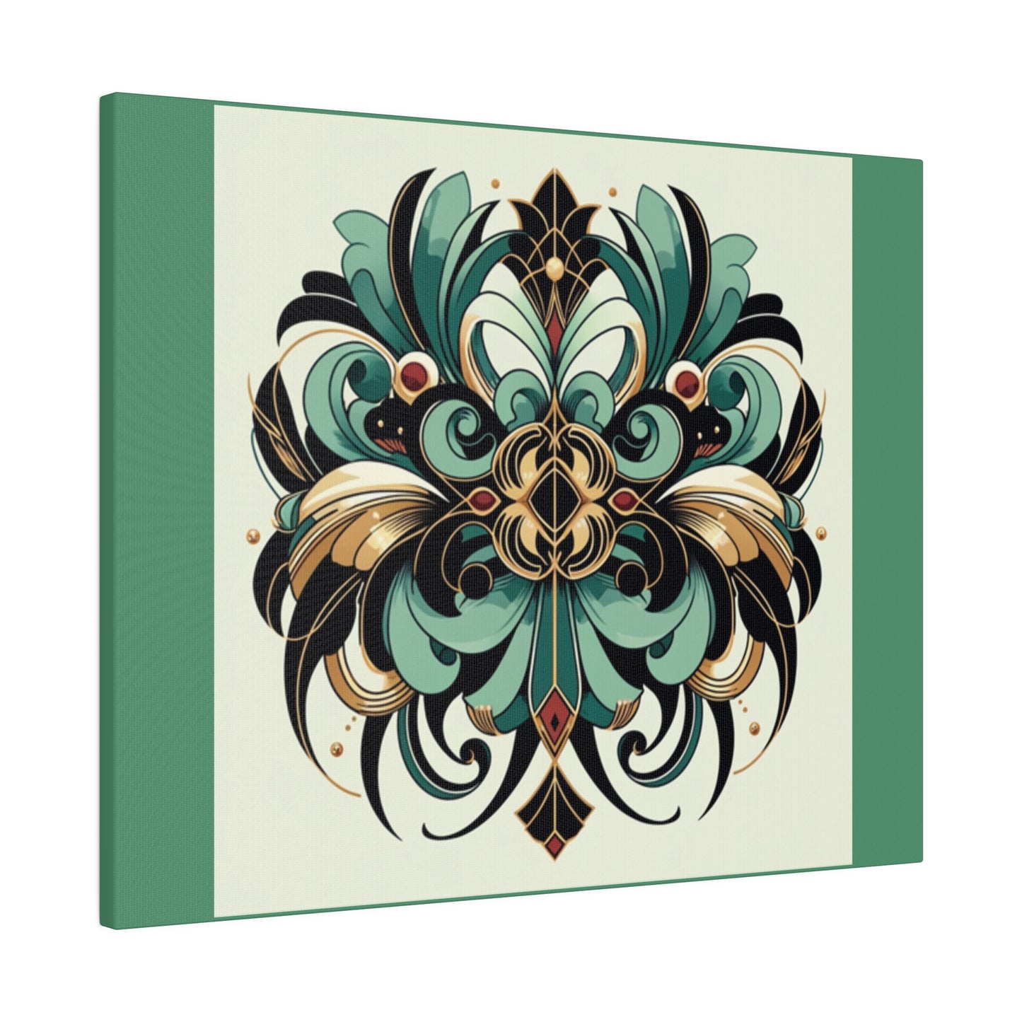 Green Black Gold Flower Art Deco Wall Art on Green Stretched Canvas