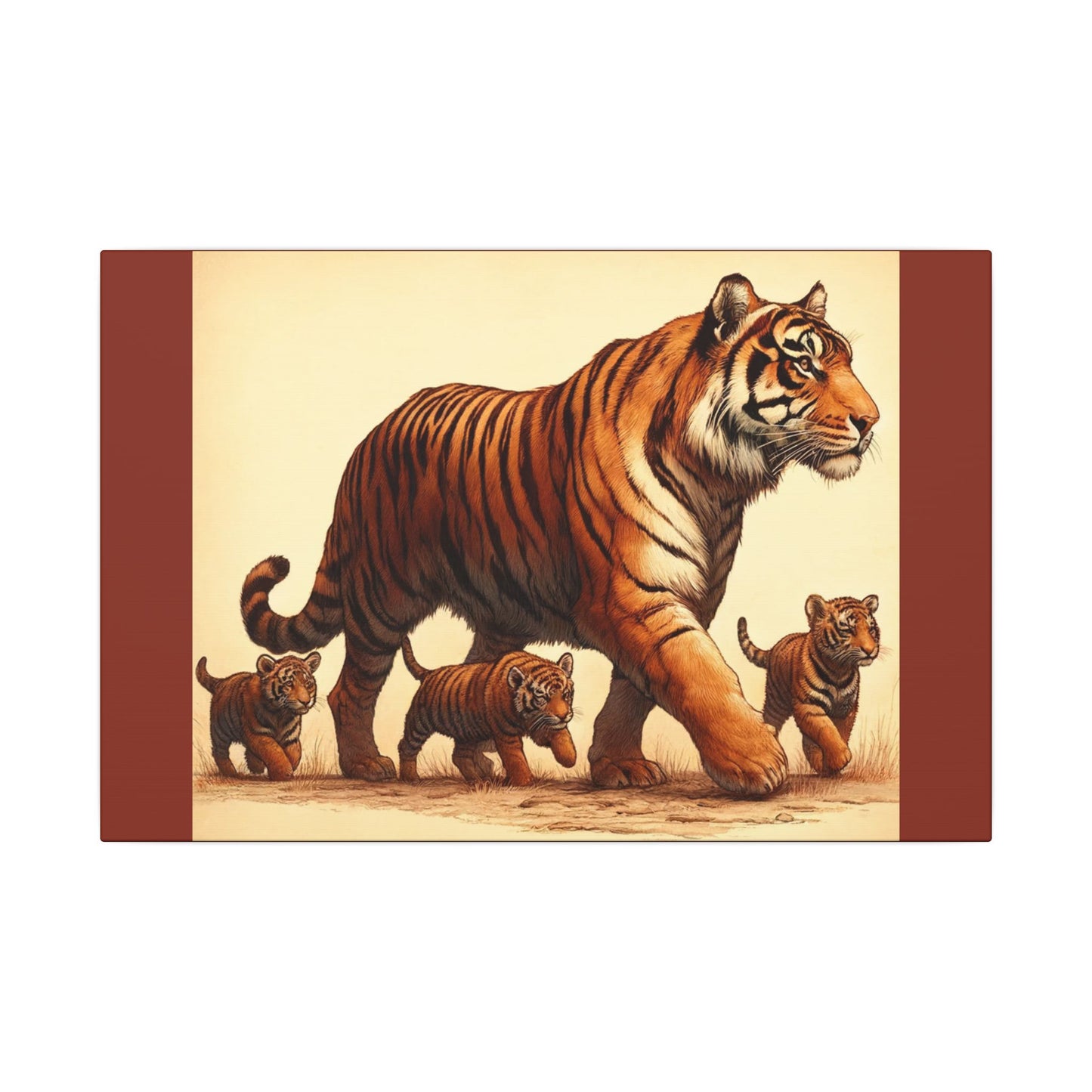Décoration murale représentant une famille de tigres – Toile terre d'ombre brûlée