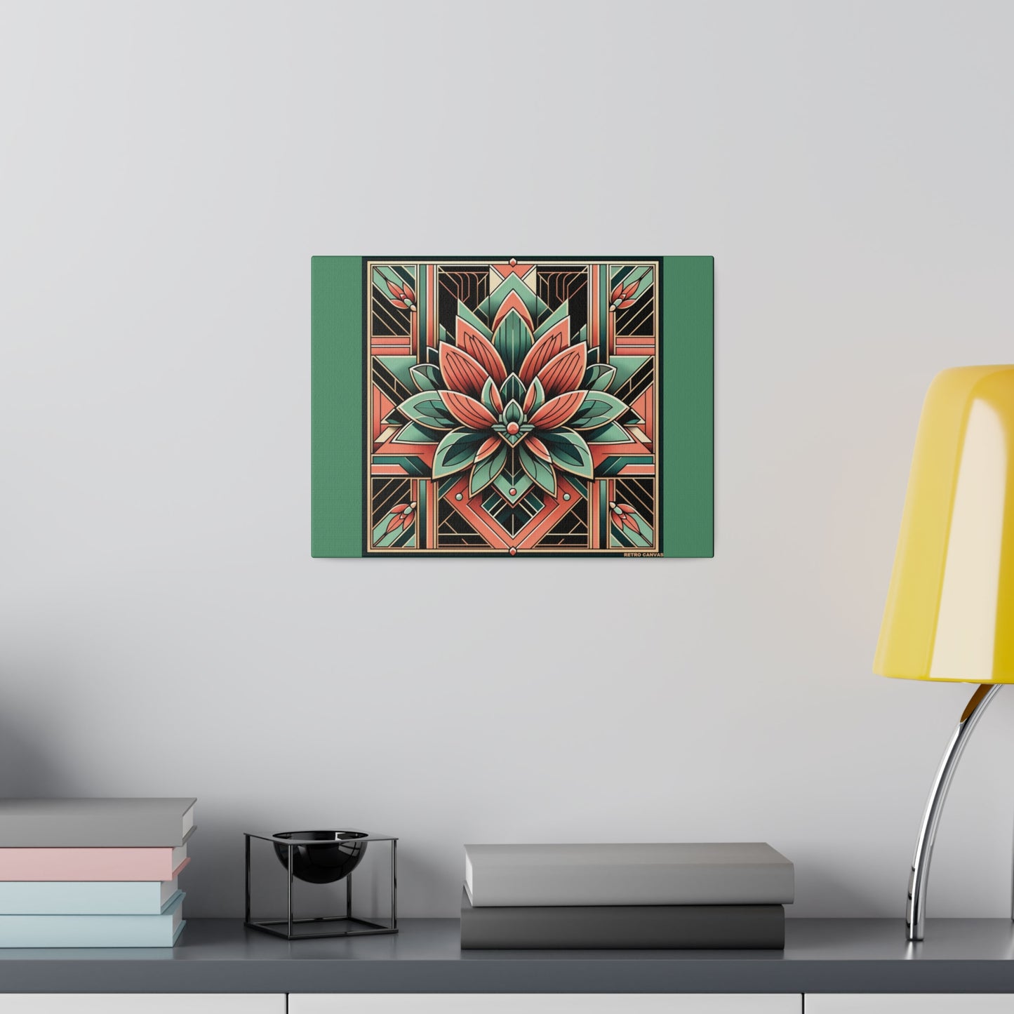 Lotus Art Deco Wall Art on Green Stretched Canvas