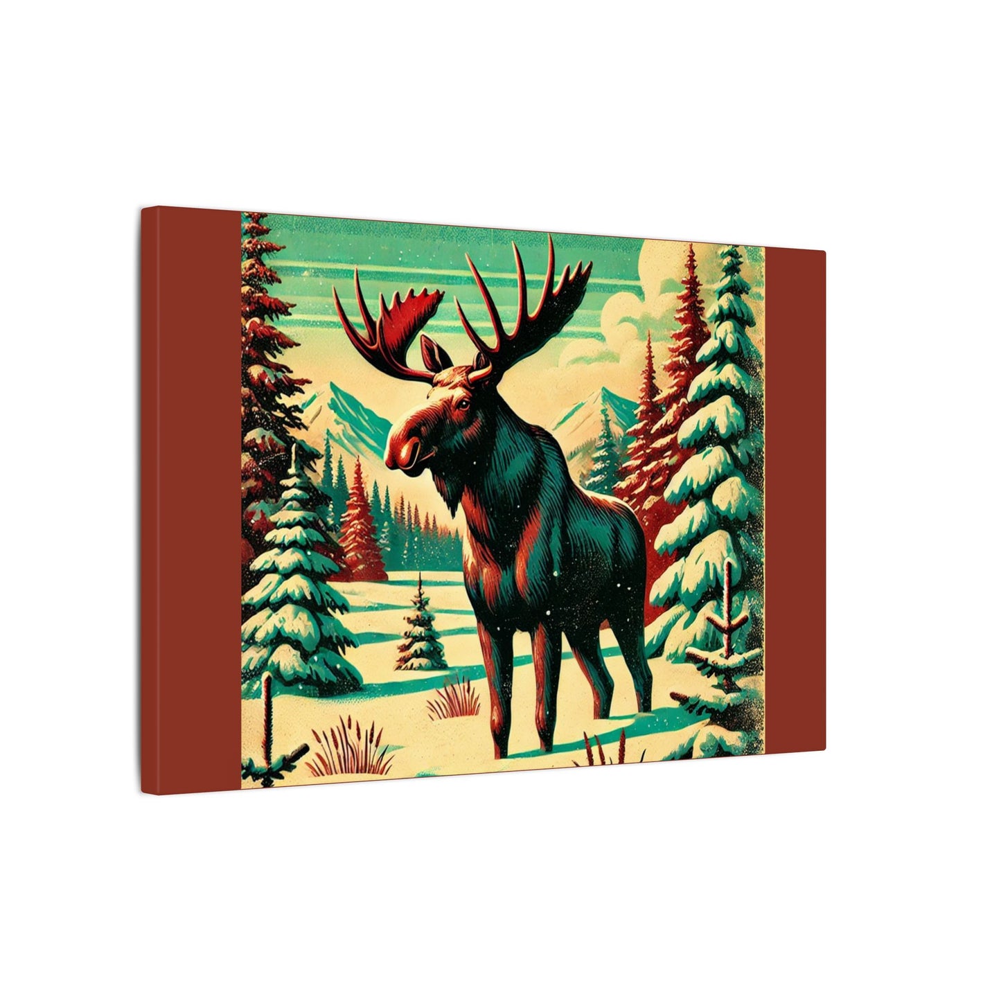 Retro Styled Moose - Burnt Umber Canvas, Animal Wall Art, Nursery Idea-Winter Scene