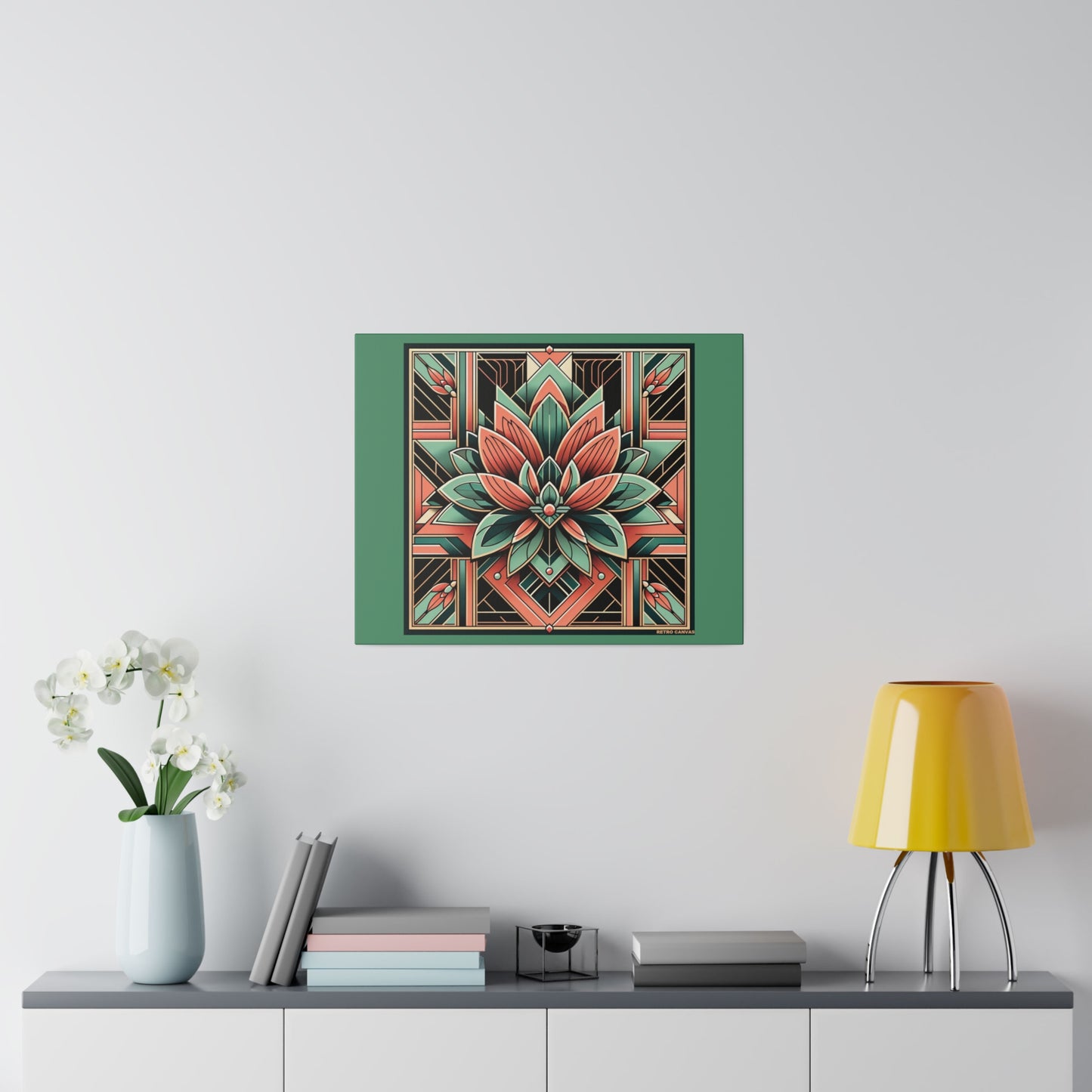 Lotus Art Deco Wall Art on Green Stretched Canvas