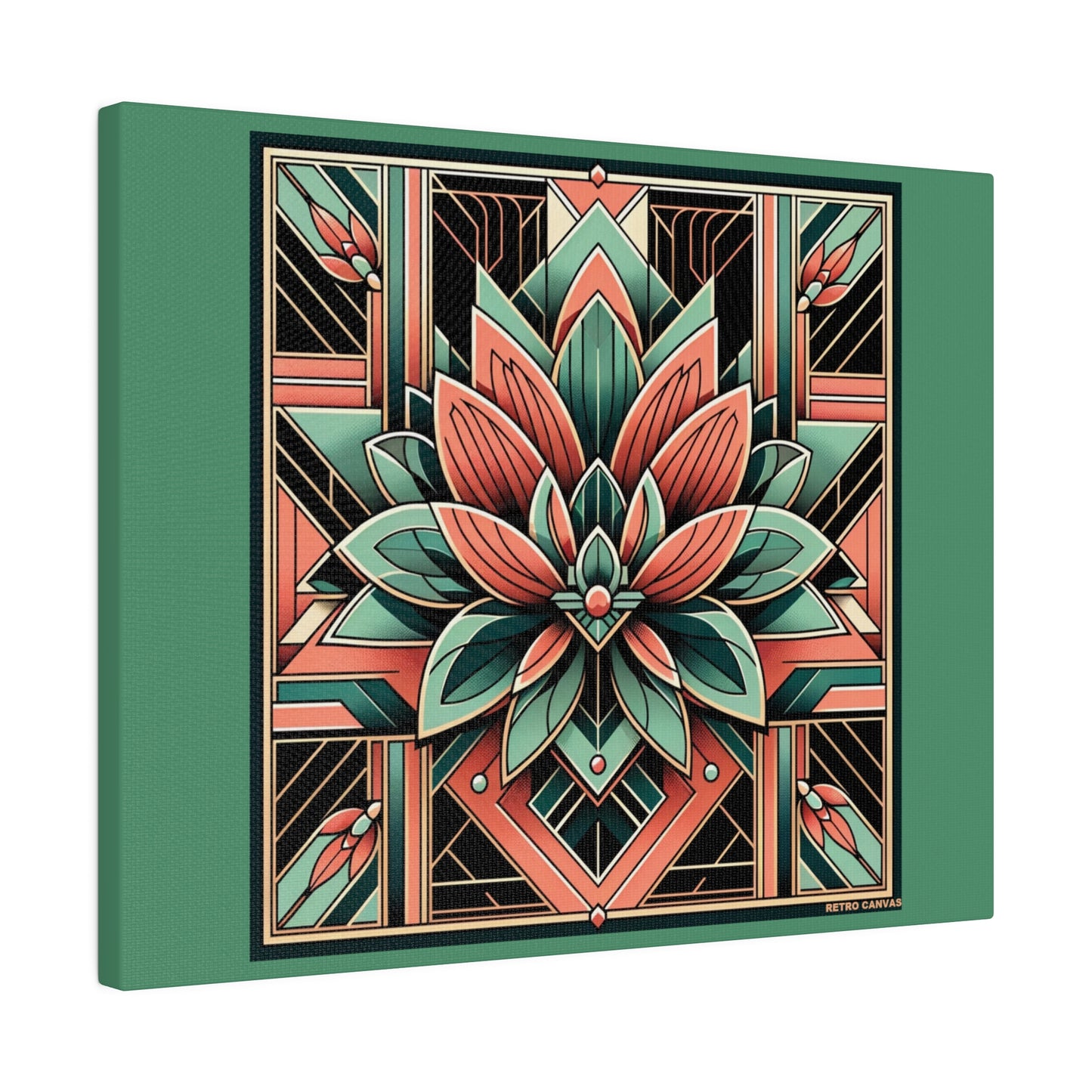 Lotus Art Deco Wall Art on Green Stretched Canvas