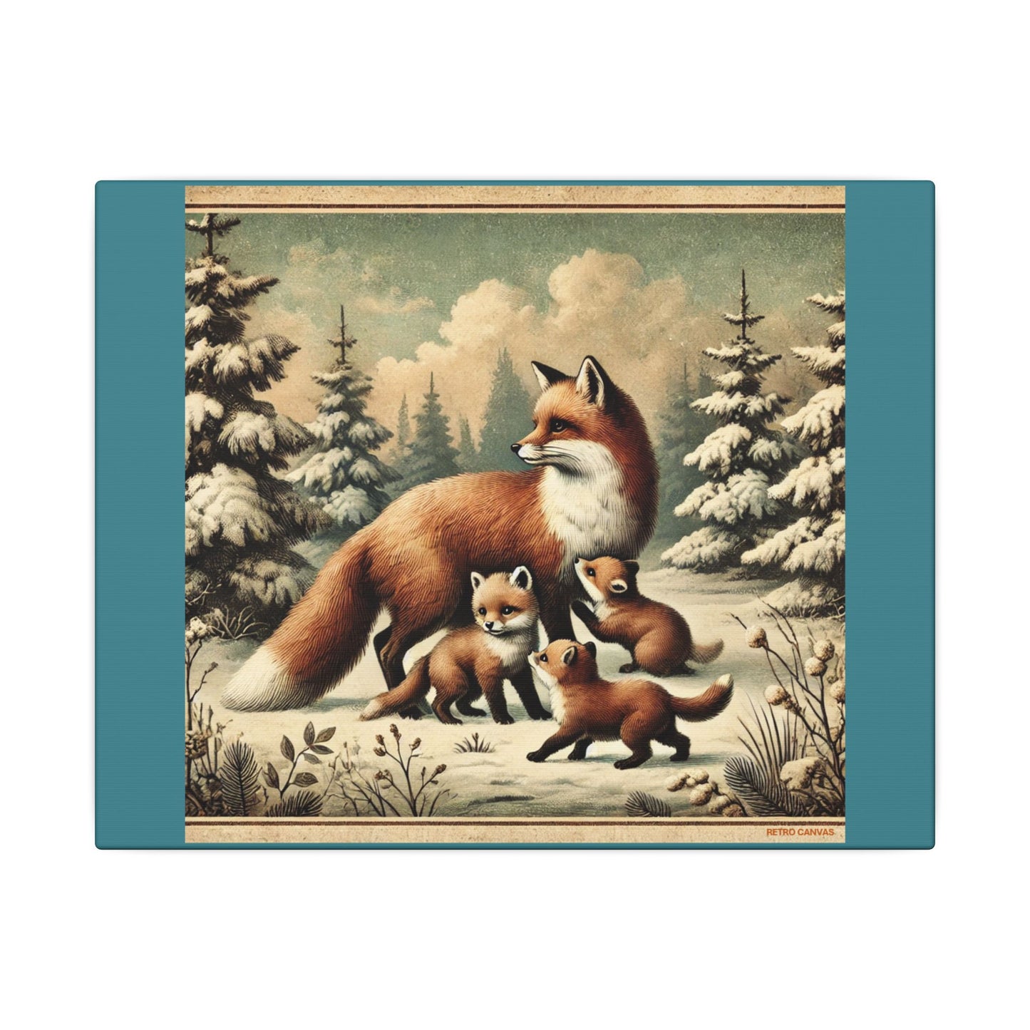 Winter Fox Family Theme- Vintage Green Canvas, Animal Wall Art, Nursery Idea