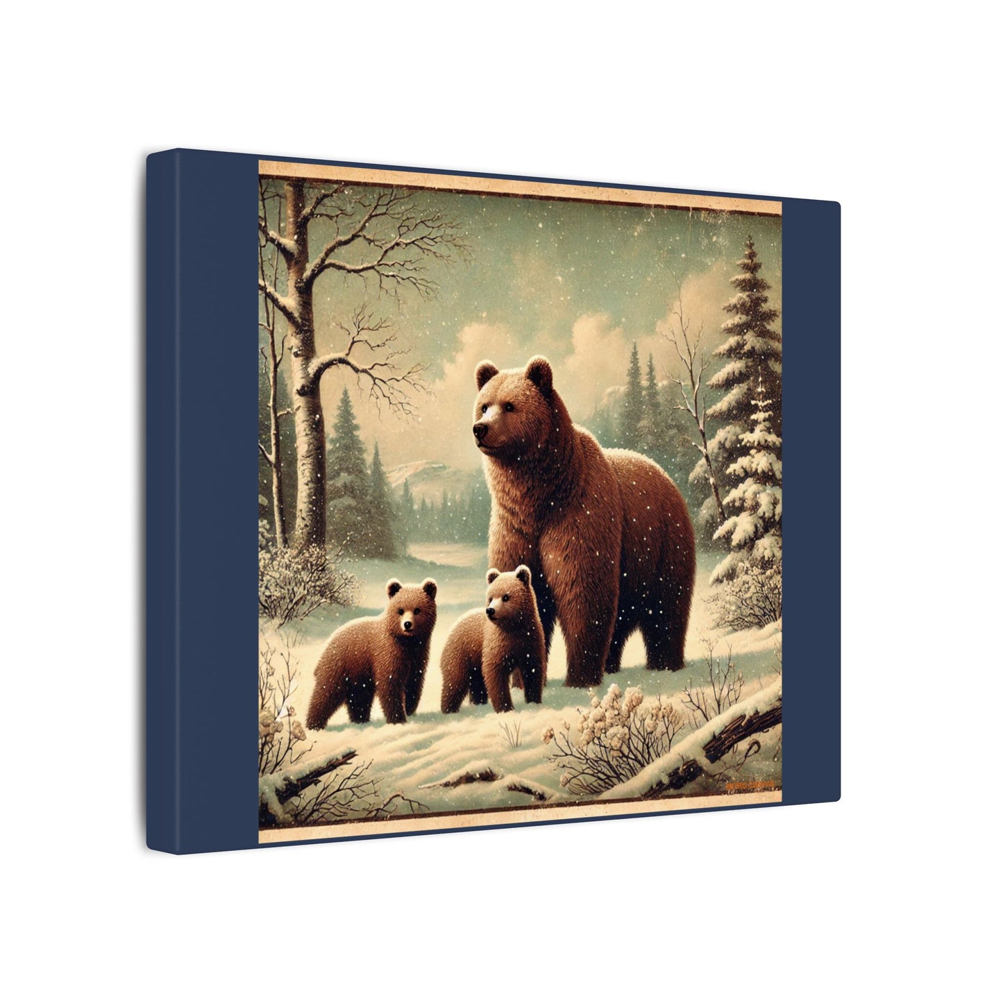Winter Brown Bear Family- Vintage Blue Canvas, Animal Wall Art, Nursery Idea-Winter Scene