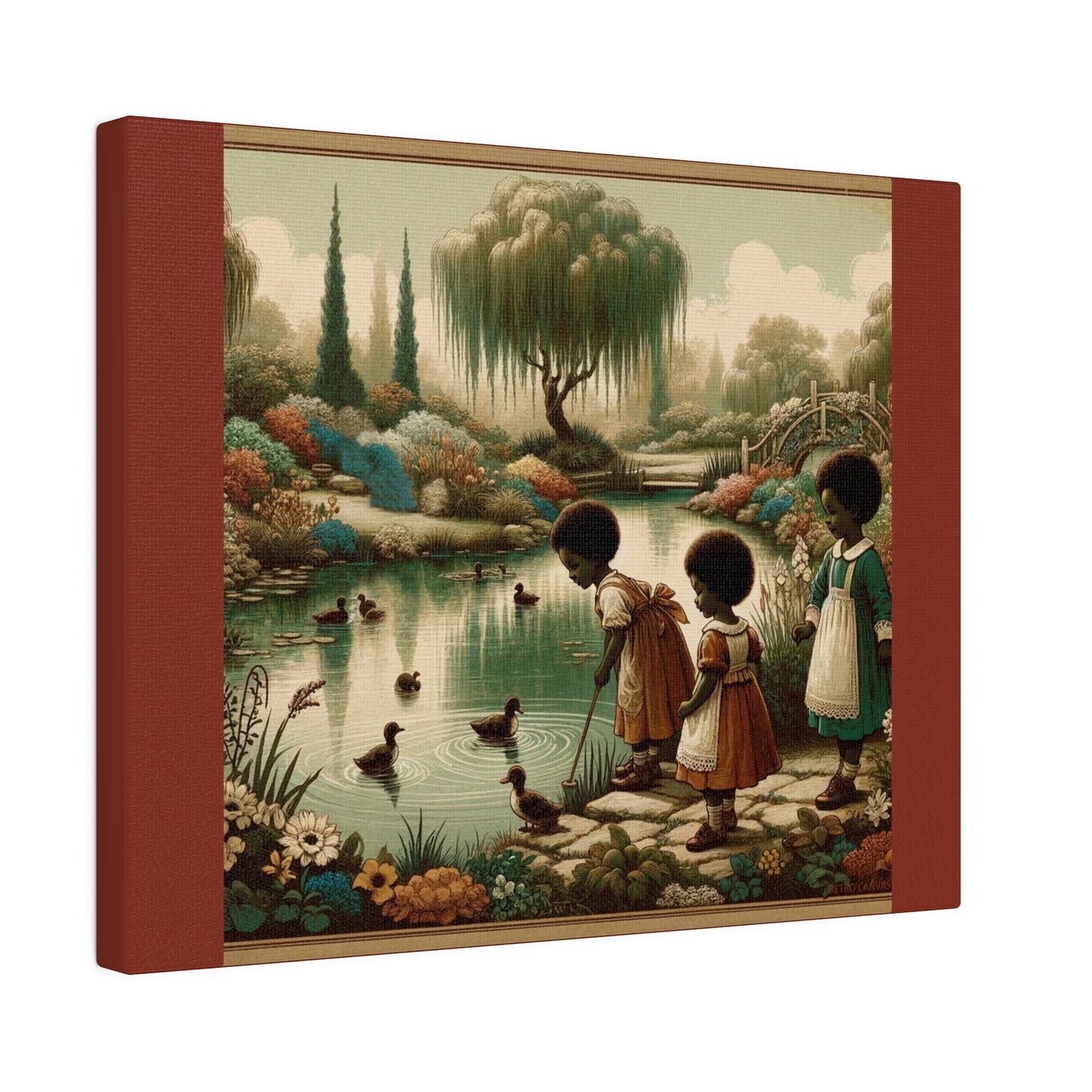 Children at the Pond - Burnt Umber Matte Stretched Canvas