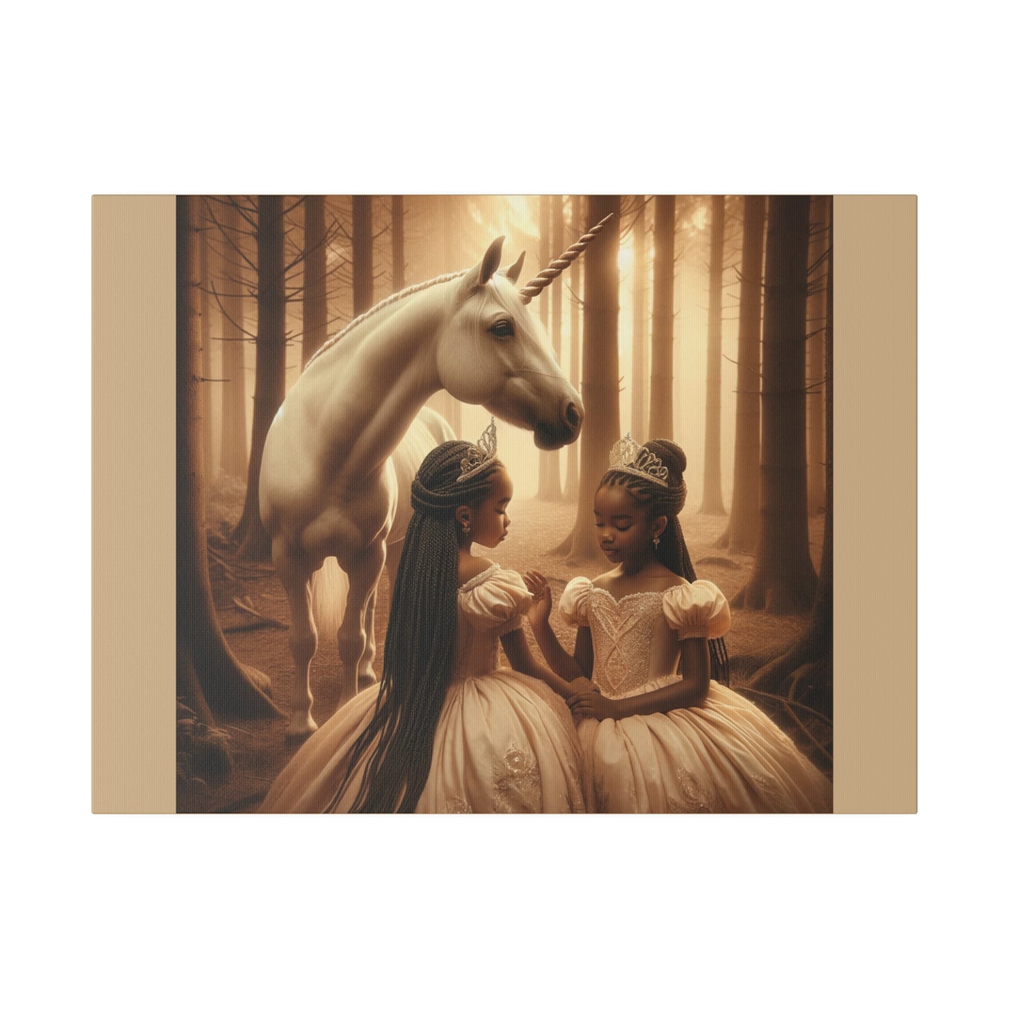 Princesses and Unicorn - Tan Matte Stretched Canvas