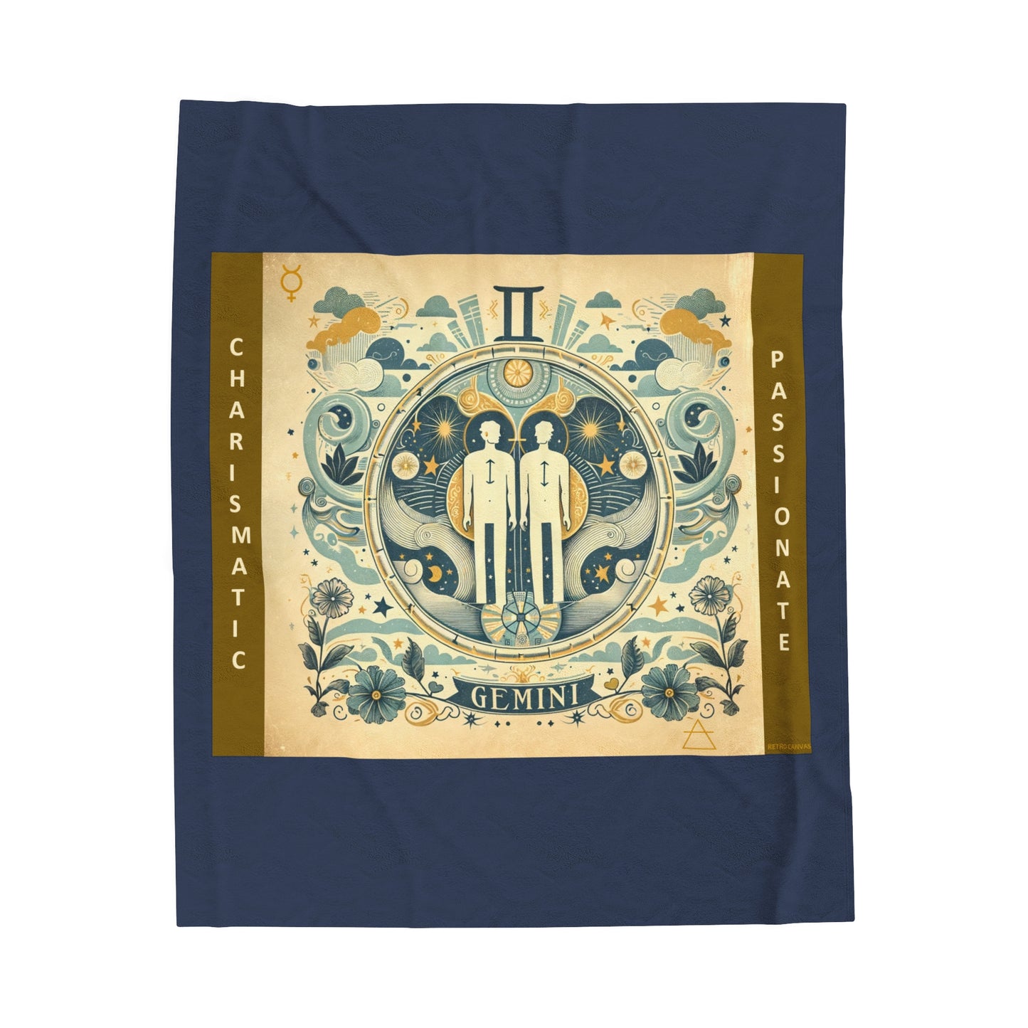 Vintage Gemini Zodiac - Vintage Blue Velveteen Plush Blanket