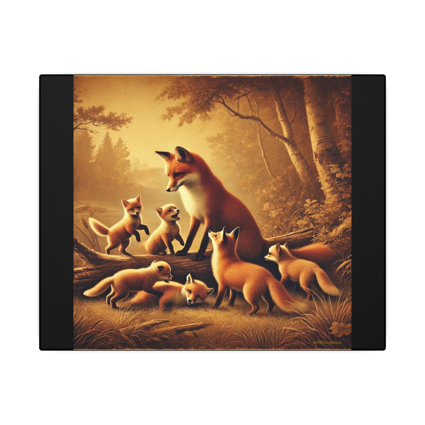 Vintage Styled Fox Family in Forest on Black Canvas